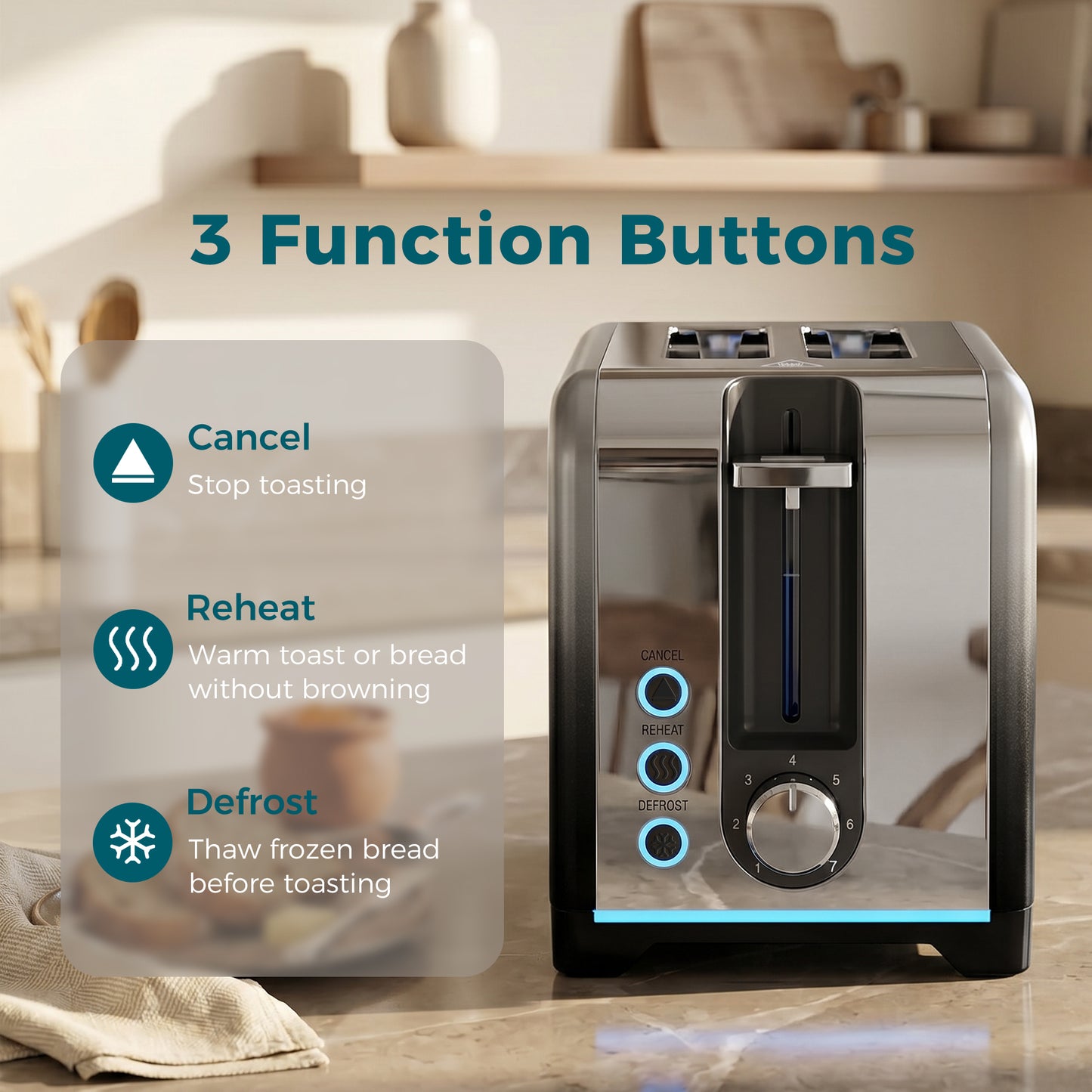 2 Slice Toaster with 7 Browning Levels, Reheat, Defrost and Cancel Functions, Self-Centring Slots, Auto Shut-Off, Removable Crumb Tray, 930W, Black