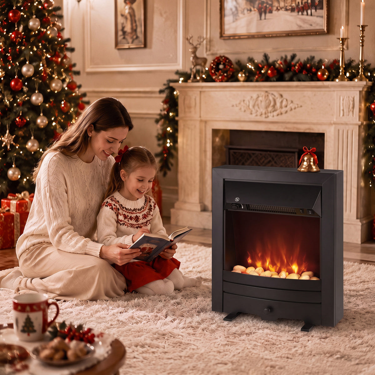 2000W Freestanding or Inset Electric Fire with Pebble Effect - Matt Black
