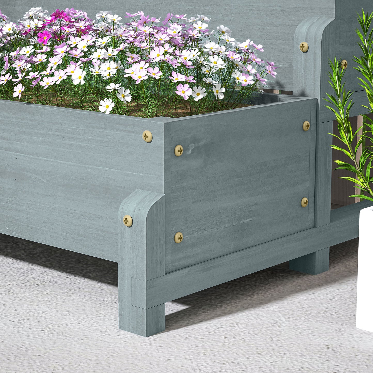 2-Tier Wooden Raised Bed with Trellis and Drainage Holes, Grey