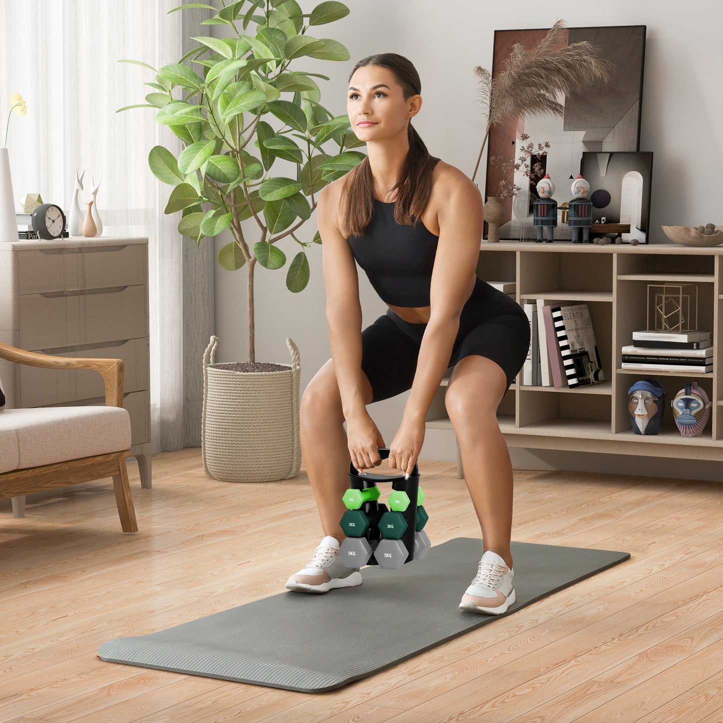 Dumbbells Set with Storage Rack, 2 x 1kg, 2 x 3kg, 2 x 5kg, Green