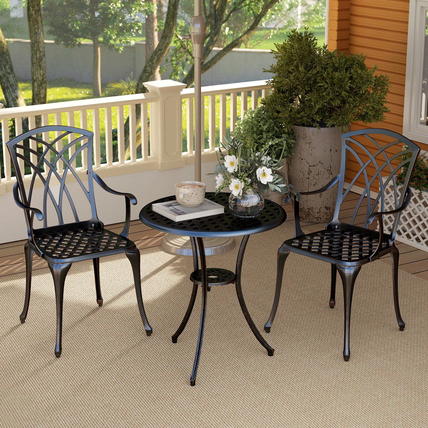 3 PCs Garden Bistro Set Outdoor Garden Furniture Set w/ Umbrella Hole