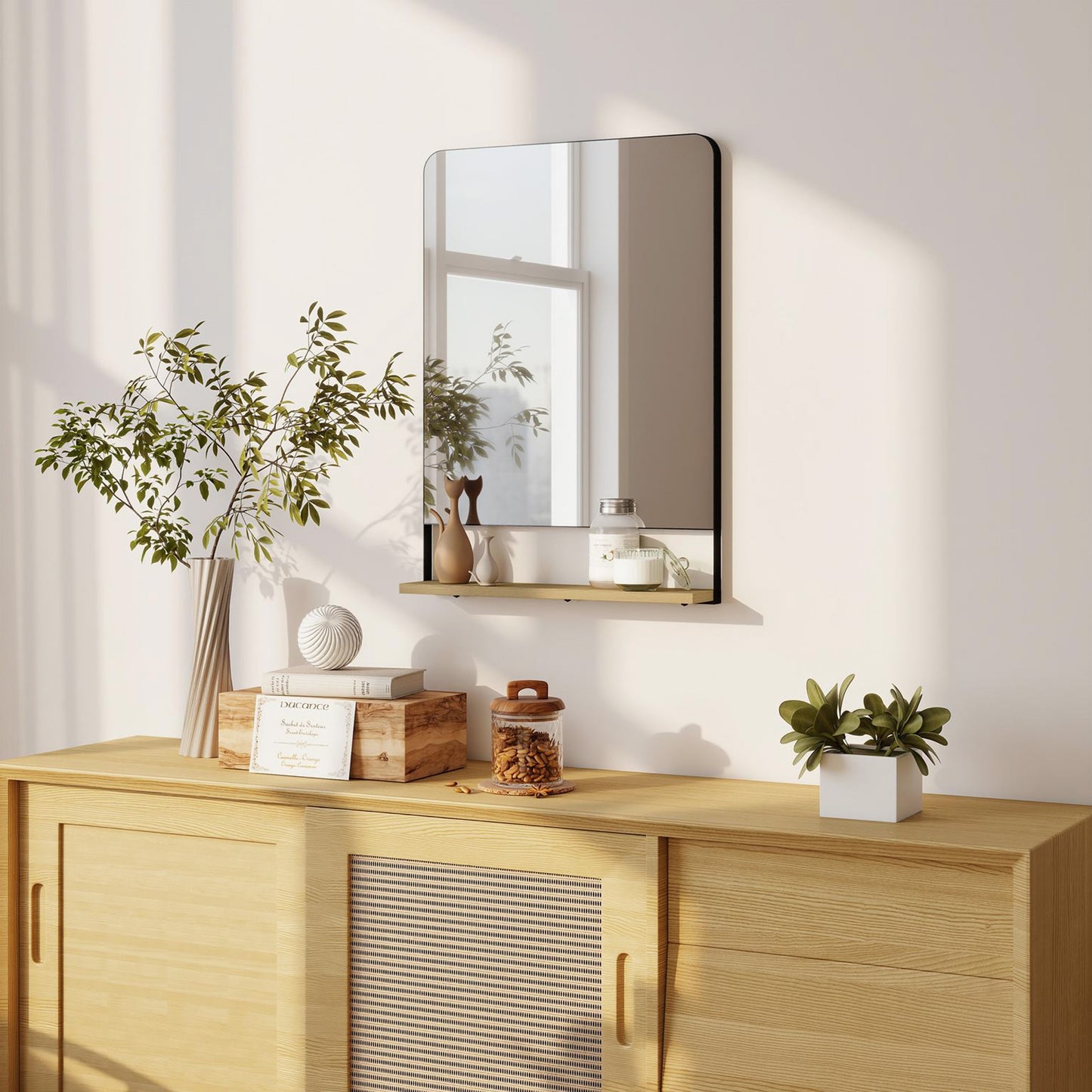 Decorative Mirror with Wood Shelf, Industrial Wall Mirror, Black