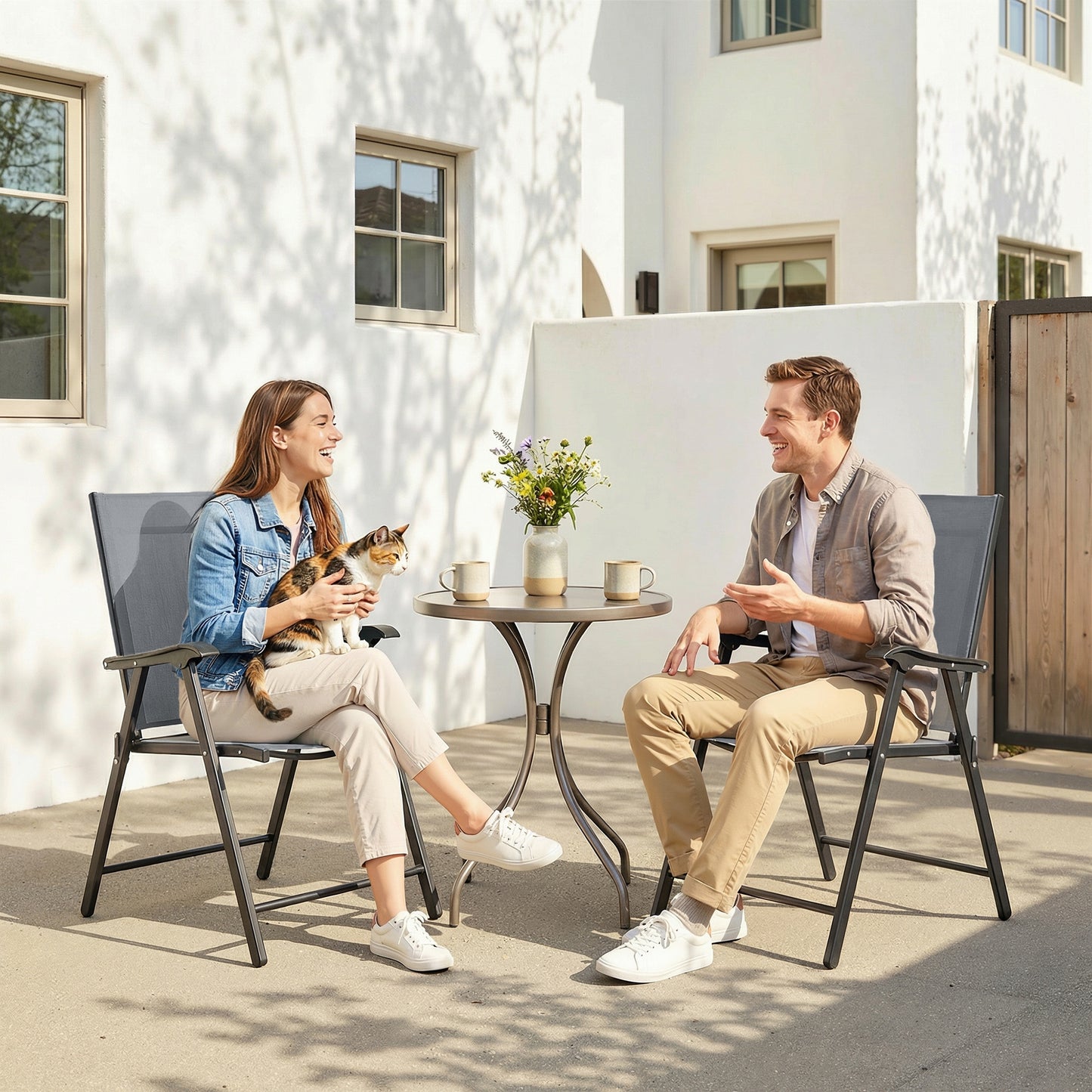 Folding Garden Chairs Set of 2 with High Back, Armrests, Light Grey