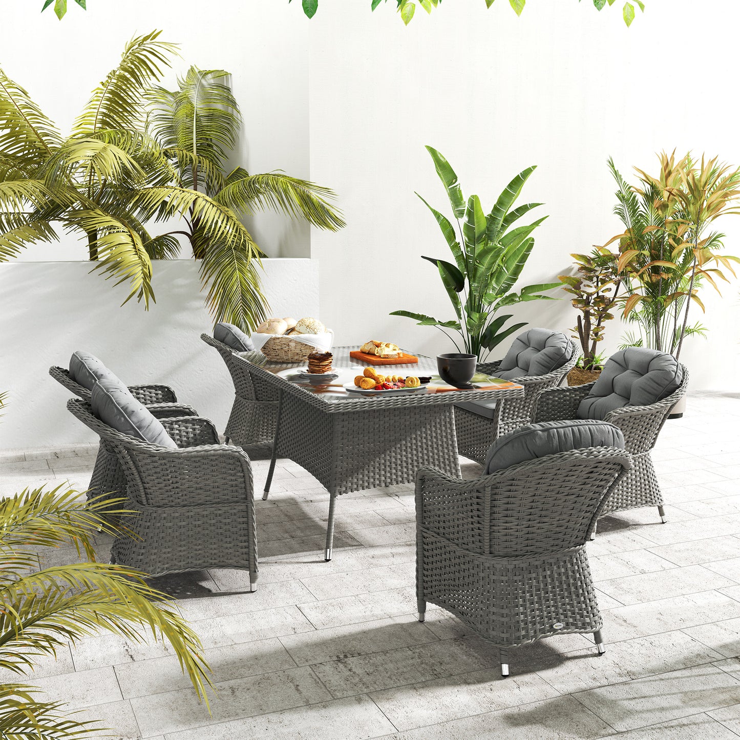 PE Rattan Garden Dining Set for 6 with Seat and Back Cushions