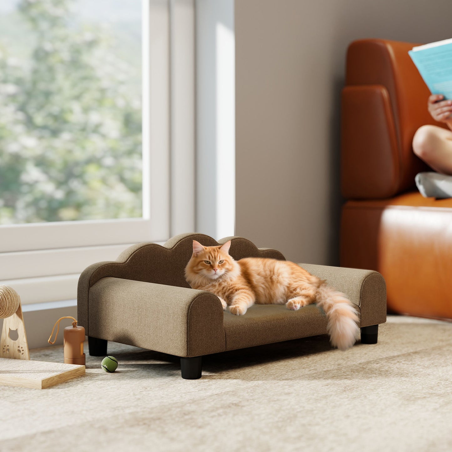 Dog Sofa Bed, Cat Sofa with Backrest, Armrest, for Small Dogs, Brown