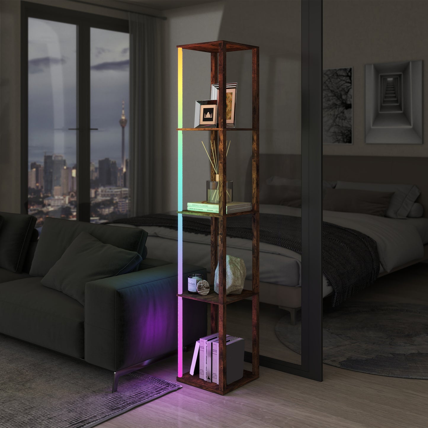 RGB LED Floor Lamp with Shelves and Remote Control, Rustic Brown