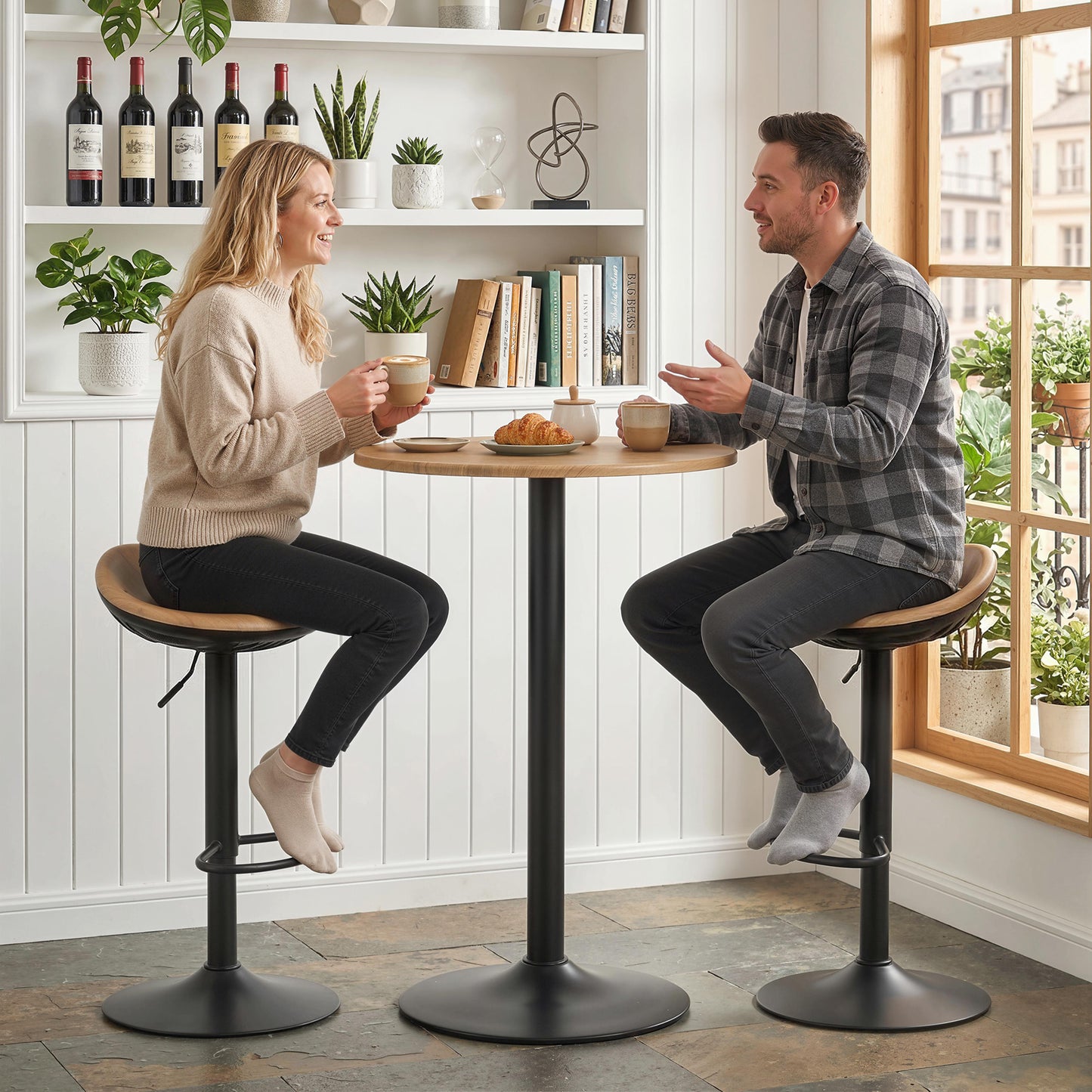 Set of 2 Breakfast Barstools, PU Leather Swivel Bar Stools, Oak