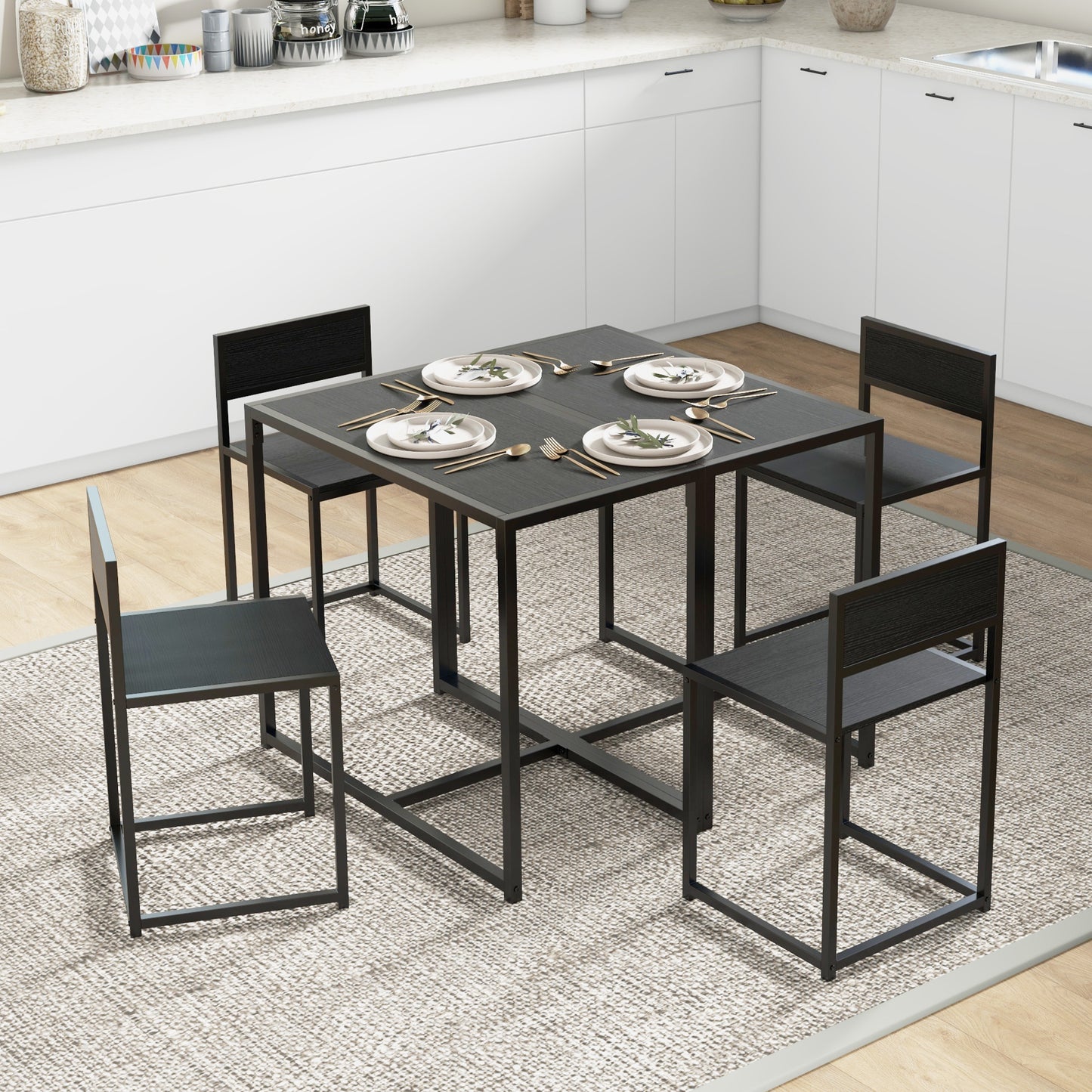 3 Piece Dining Table Set with Metal Frame, Black