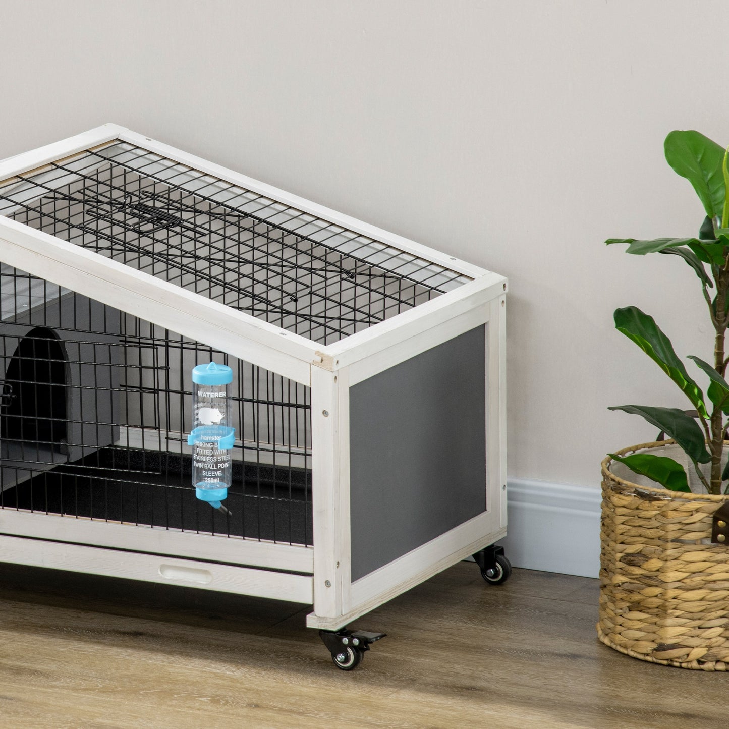 Rabbit Cage with Water Bottle, Wheels, Plastic Slide-Out Tray - Dark Grey