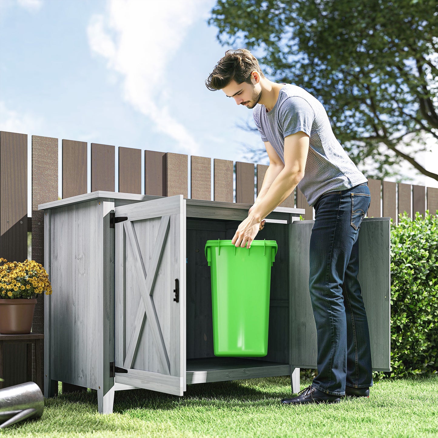 Wooden Garden Shed Tool Cabinet 110 x 60 x 88.5 cm, Light Grey
