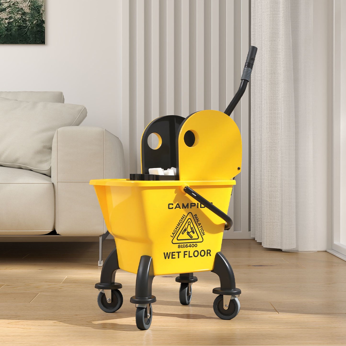 Mop Bucket with Wringer on Wheels for Floor Cleaning 26 Litre Yellow
