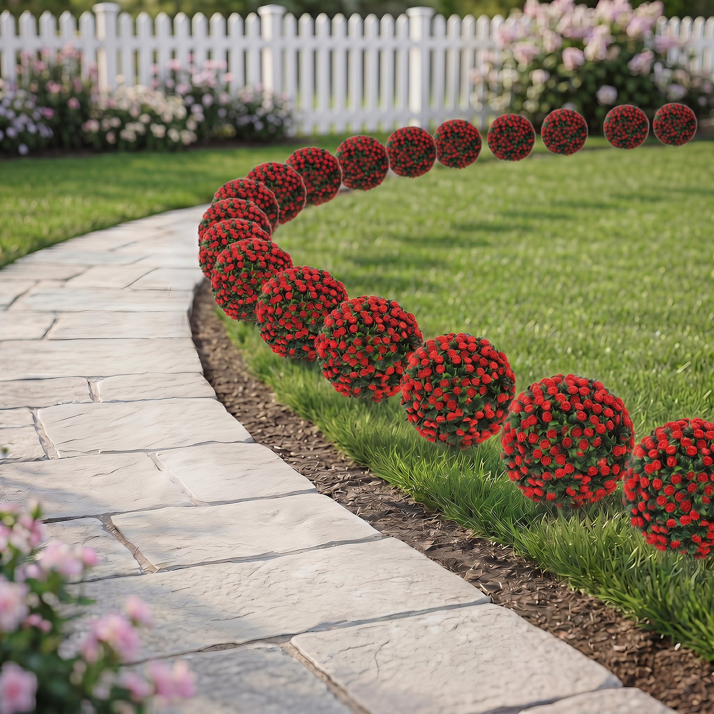 Set of 2 55 cm Artificial Rose Topiary with Ground Stake, UV-Resistant Fake Plants with 306 Roses and Leaves for Indoor Outdoor Home Office Garden Decor, Red