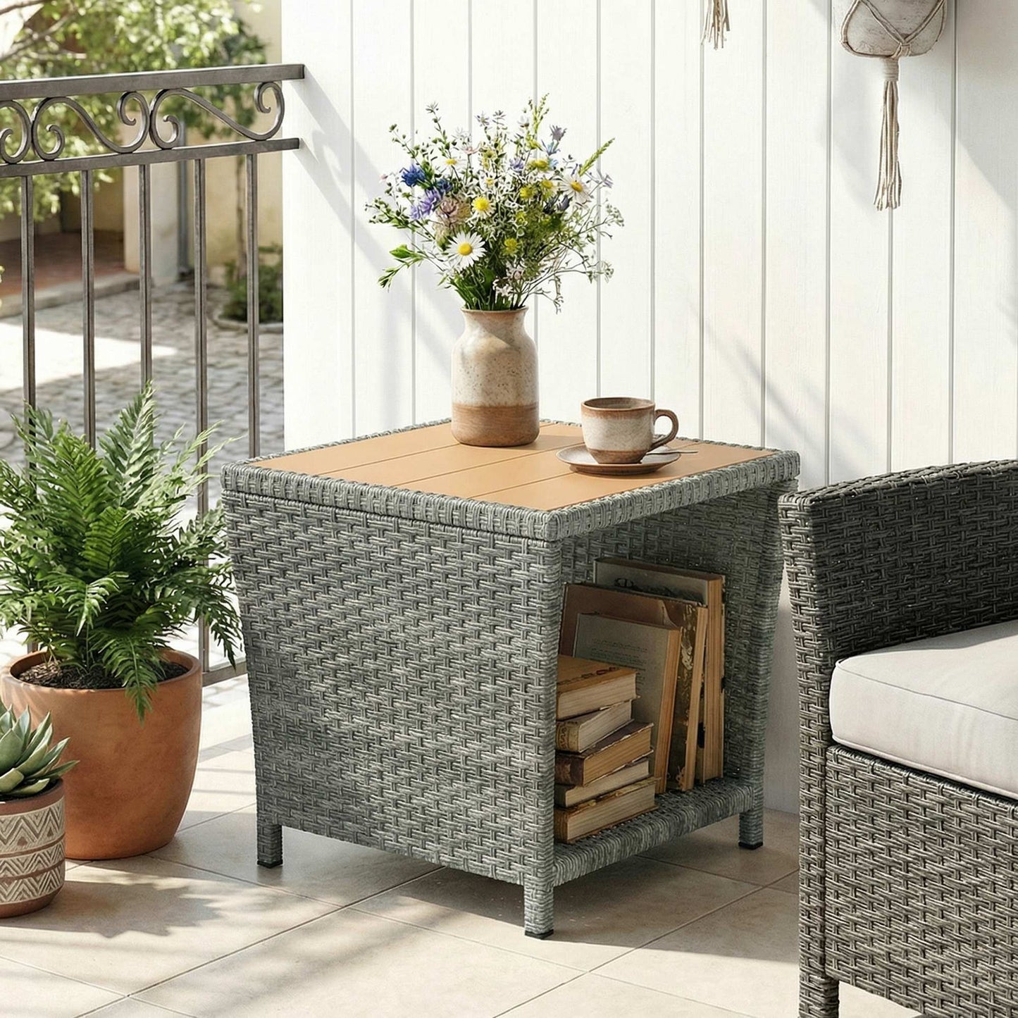 Side Table 2-Tier with Storage Shelf/Light Grey