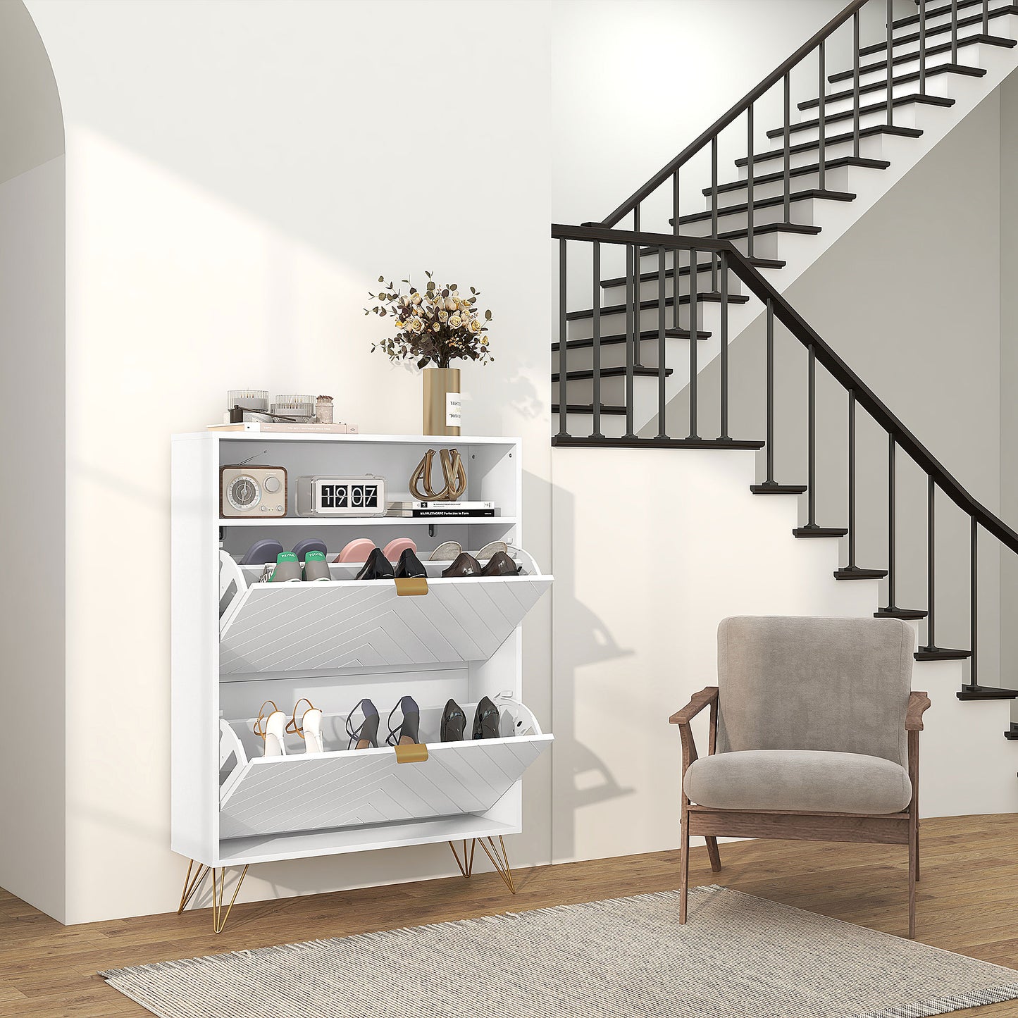 Narrow Shoe Storage Cabinet with 2 Flip Drawers for 12 Pairs of Shoes