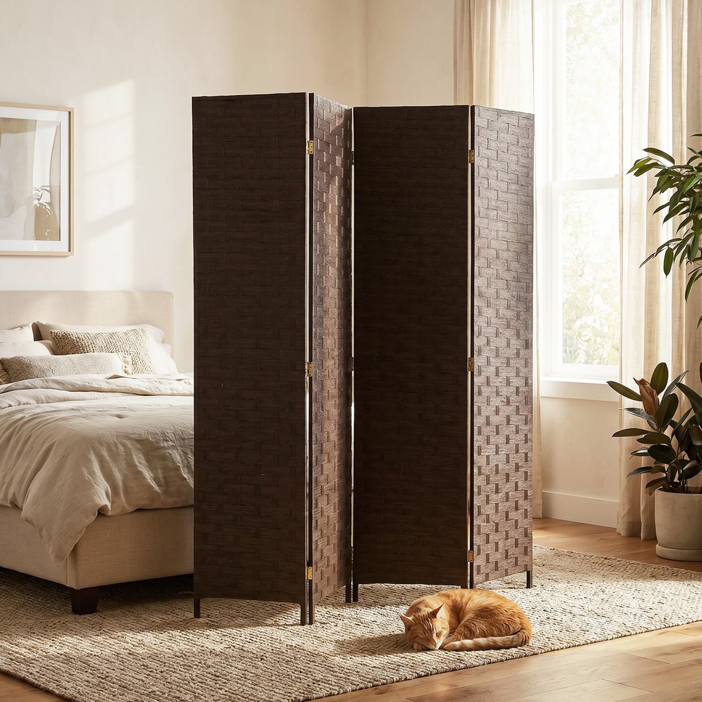 4-Panel Room Dividers, Wave Fibre Freestanding Folding Privacy Screen Panels, Partition Wall Divider for Indoor Bedroom Office, 170 cm, Dark Brown