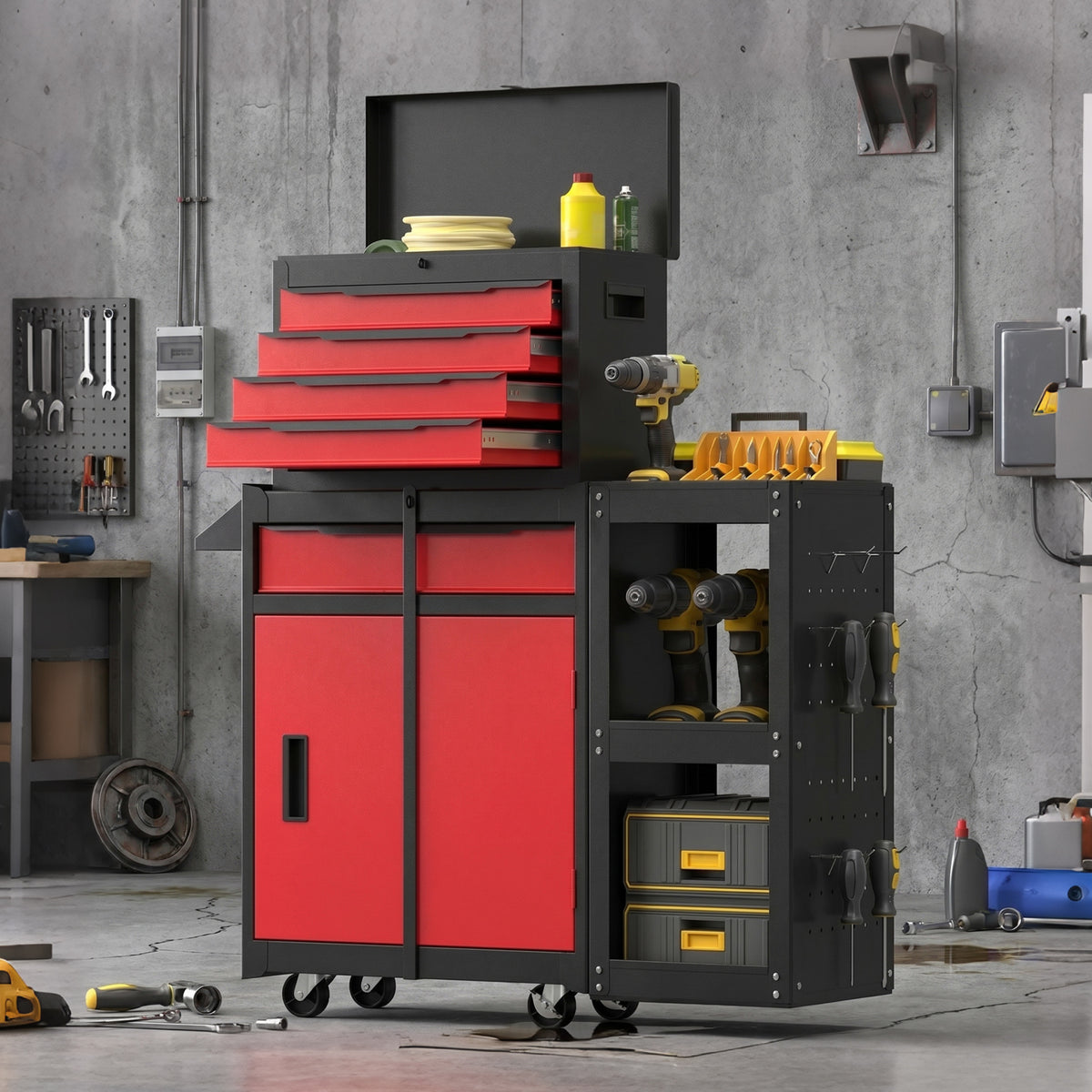Modular Tool Chest, Tool Trolley with Side Rack, Pegboard for Garage