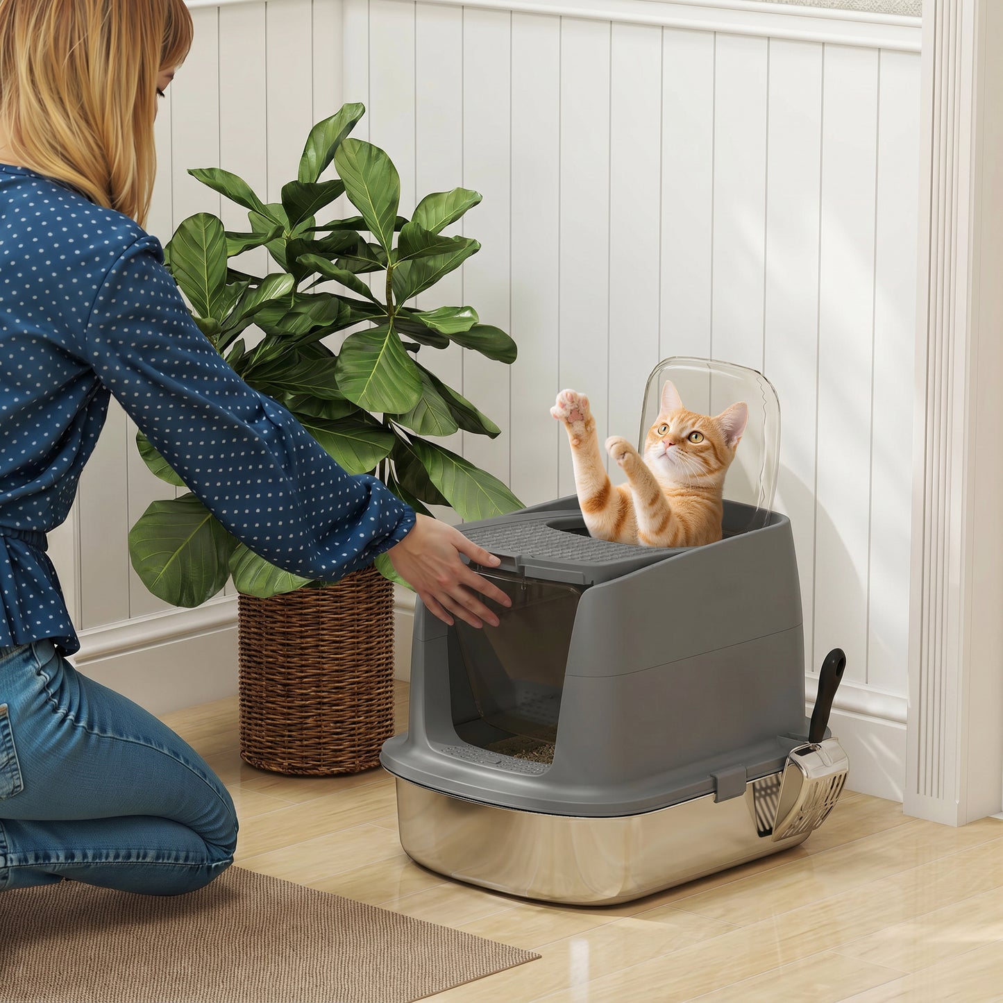 Stainless Steel Litter Box with Lid, Large Hooded Cat Litter Tray with Flip Cover, Metal Scoop, Deodoriser Bag, Non-Sticky, Odour Control and Easy Clean, Dark Grey