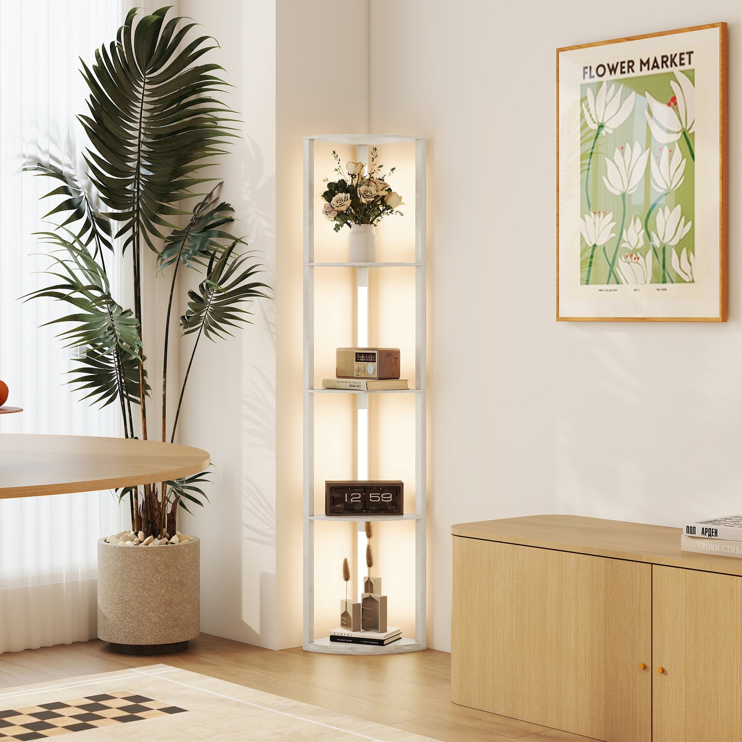 Corner Floor Lamp with Dimmable Warm White LED Light, Oak