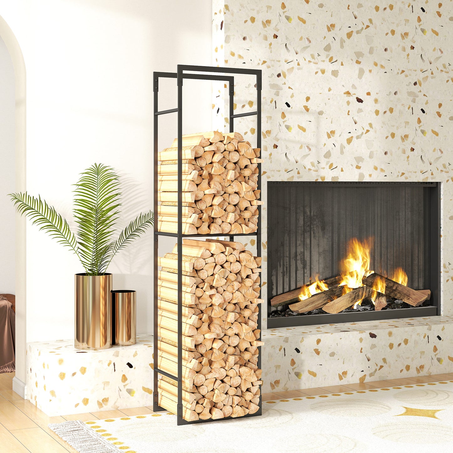 Metal Firewood Log Holder, Heavy Duty Firewood Rack with Adjustable Shelf, Indoor Outdoor Fireplace Wood Storage Shelf, 45 x 31 x 170 cm, Black