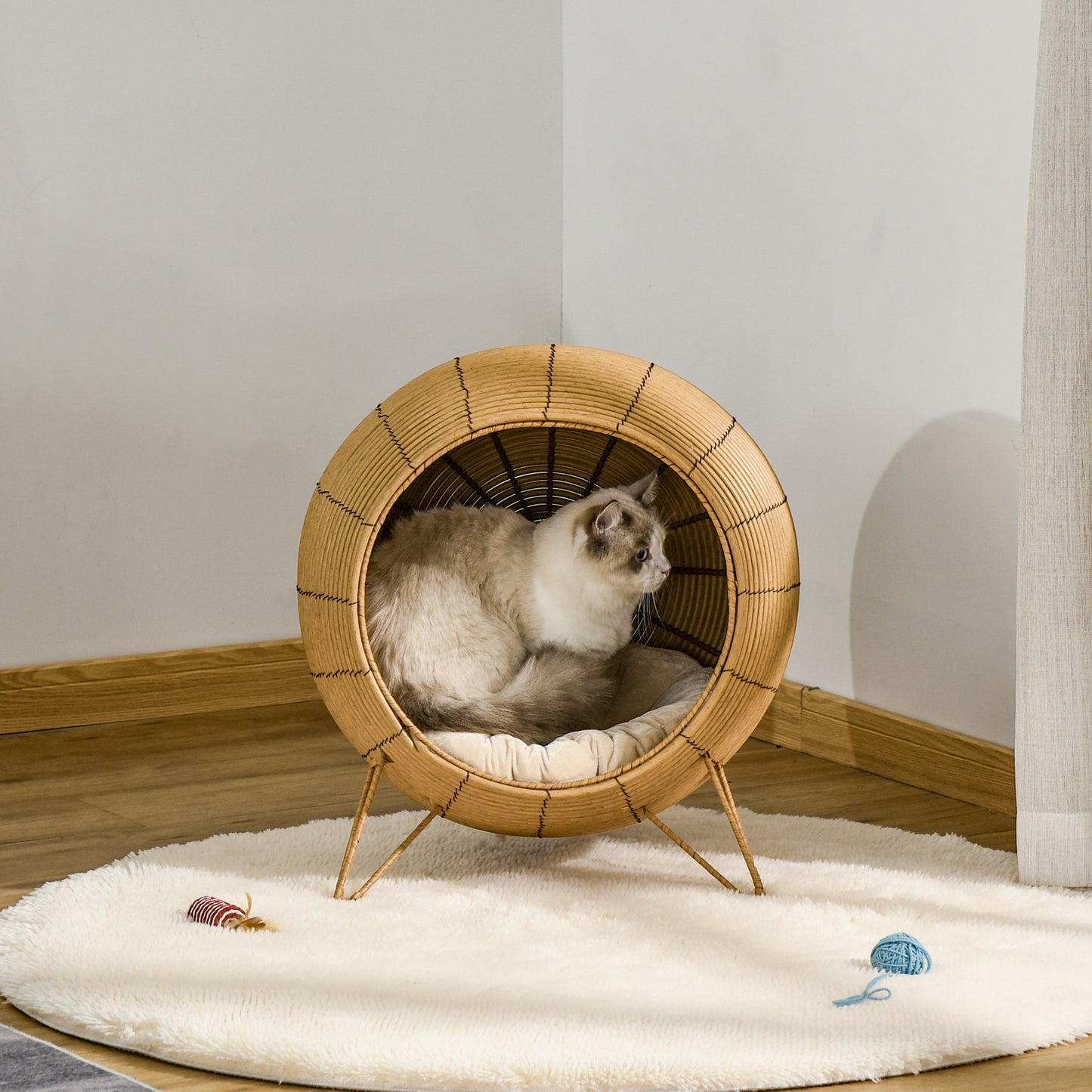 Wicker Cat Bed Elevated Rattan Kitten Basket Cozy Cave w/ Soft Cushion