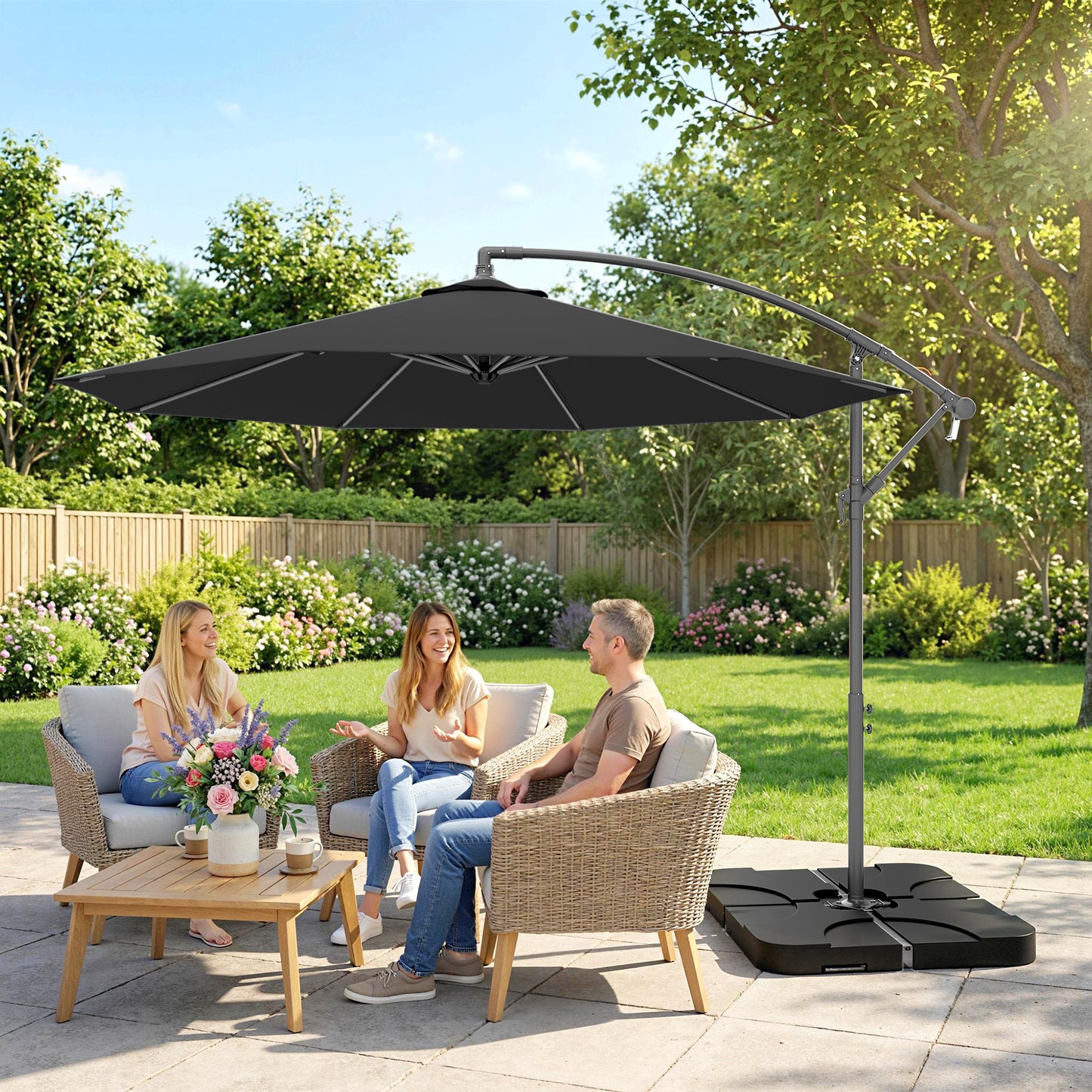 3(m) Banana Parasol Cantilever Umbrella Garden w/ Base Weights - Black