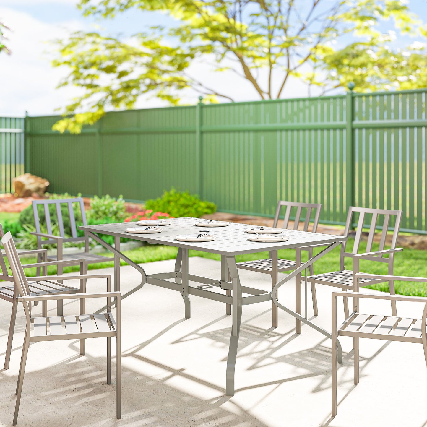 Garden Dining Table with Steel Frame and Slatted Top, Light Grey