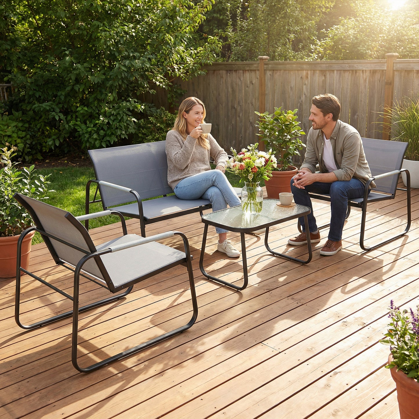 Garden Sofa Set with Loveseat, 2 Armchairs, Tempered Glass Table