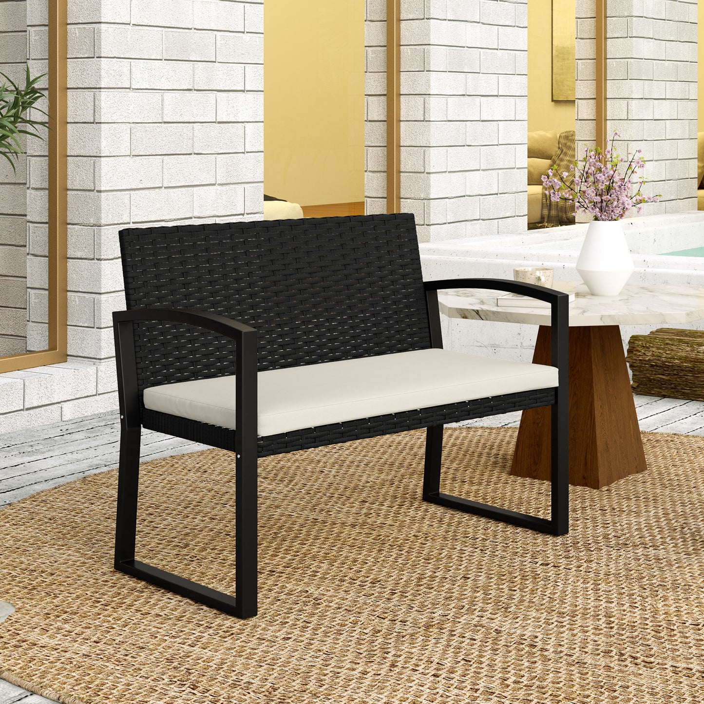 2 Seater Rattan Garden Bench with Cushion, Steel Frame, Black