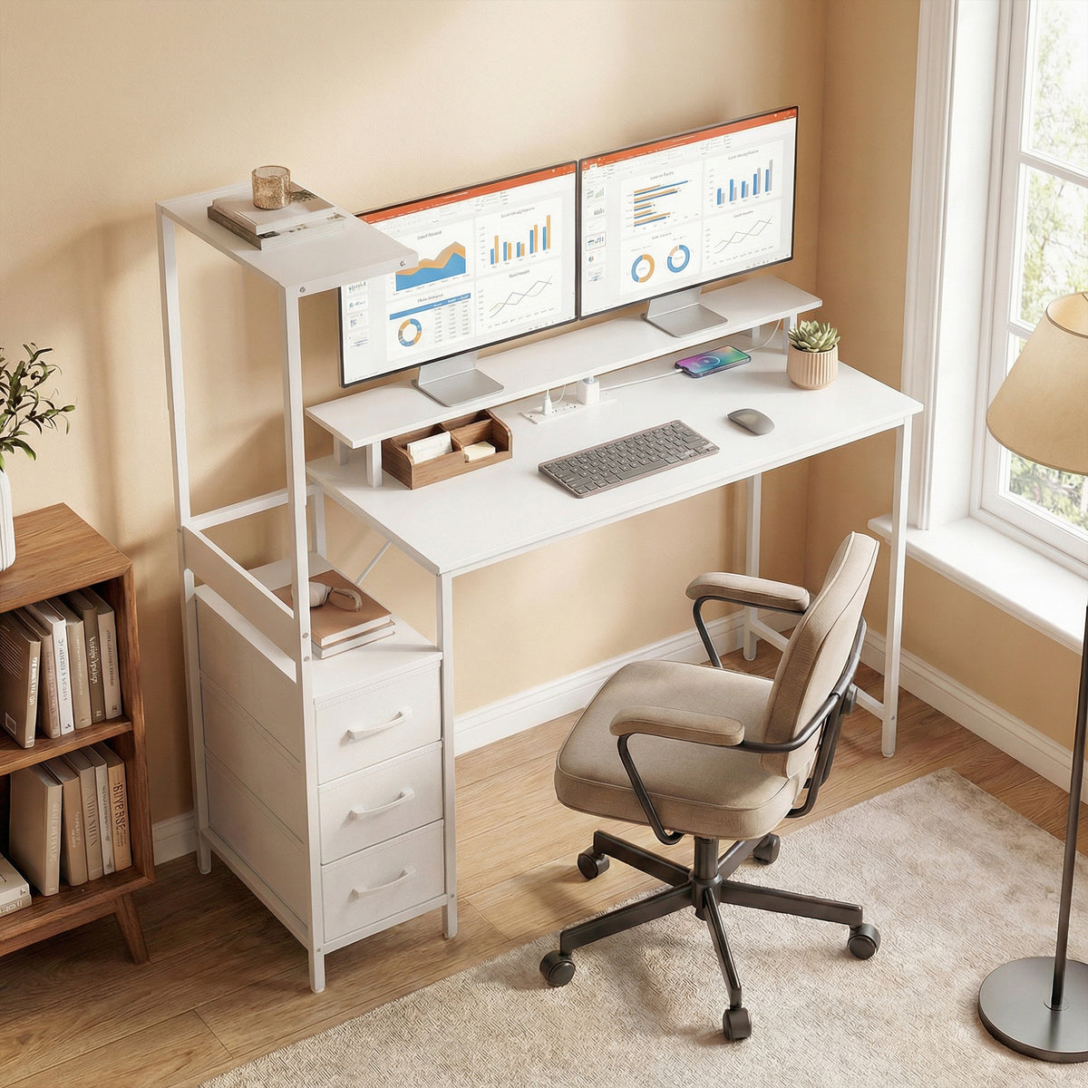 147cm Gaming Desk with Charging Station, RGB LED Lights, 3 Drawers and Monitor Shelf - White