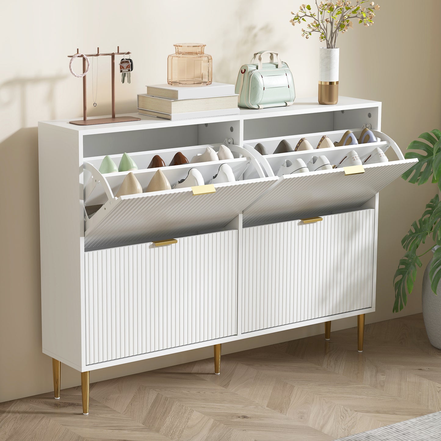 Slim Shoe Storage Cabinet with 4 Flip Drawers for Hallway, White