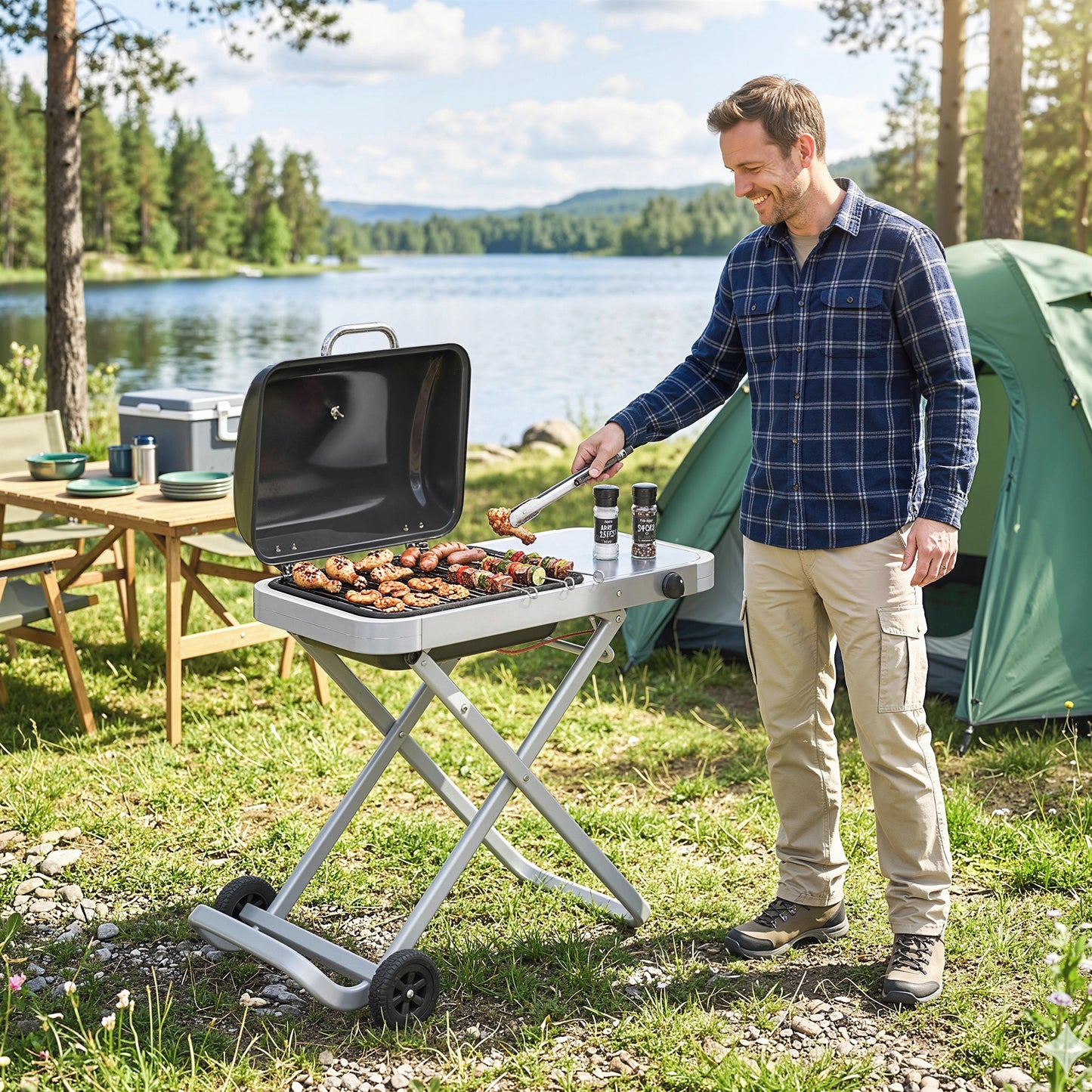 Foldable Gas BBQ Barbecue Grill with Side Table, 2.5 kW, Black