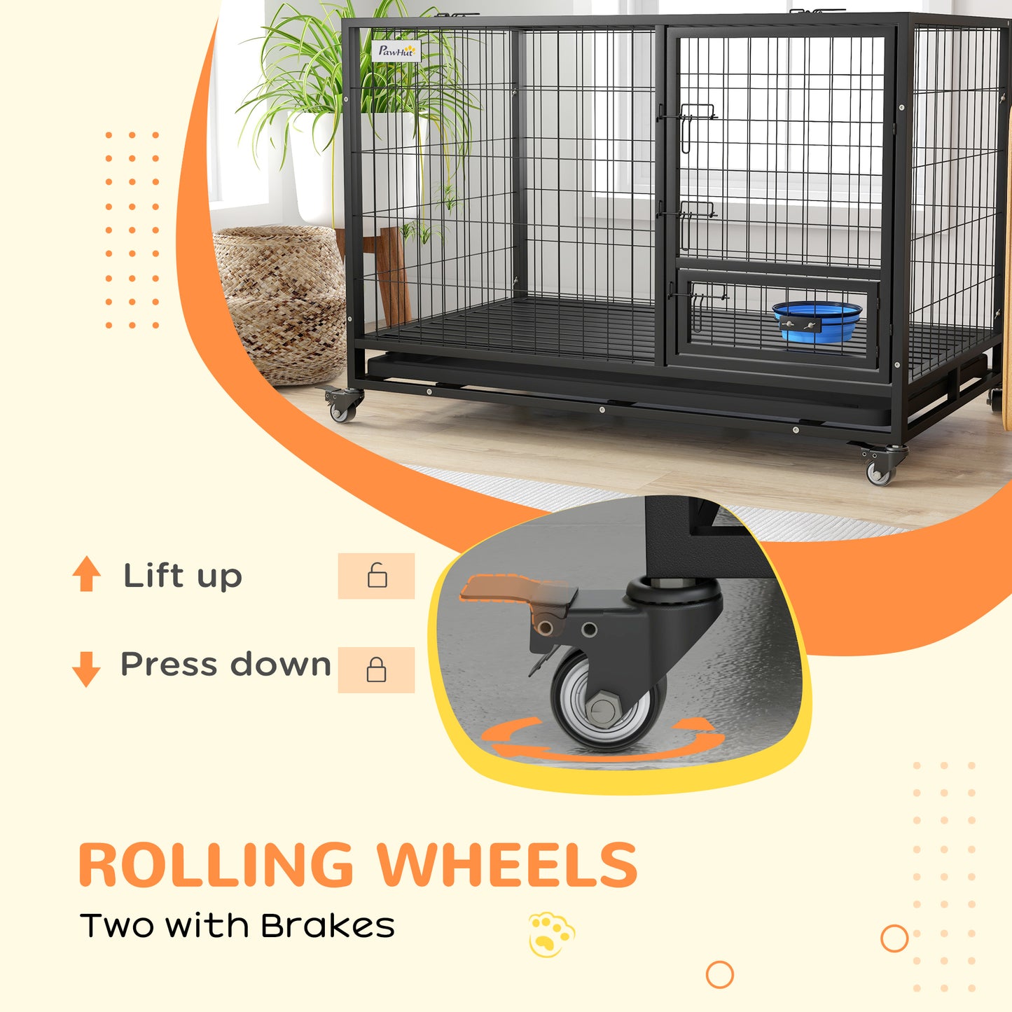 48" Heavy Duty Dog Crate on Wheels w/ Bowl Holder, Removable Tray