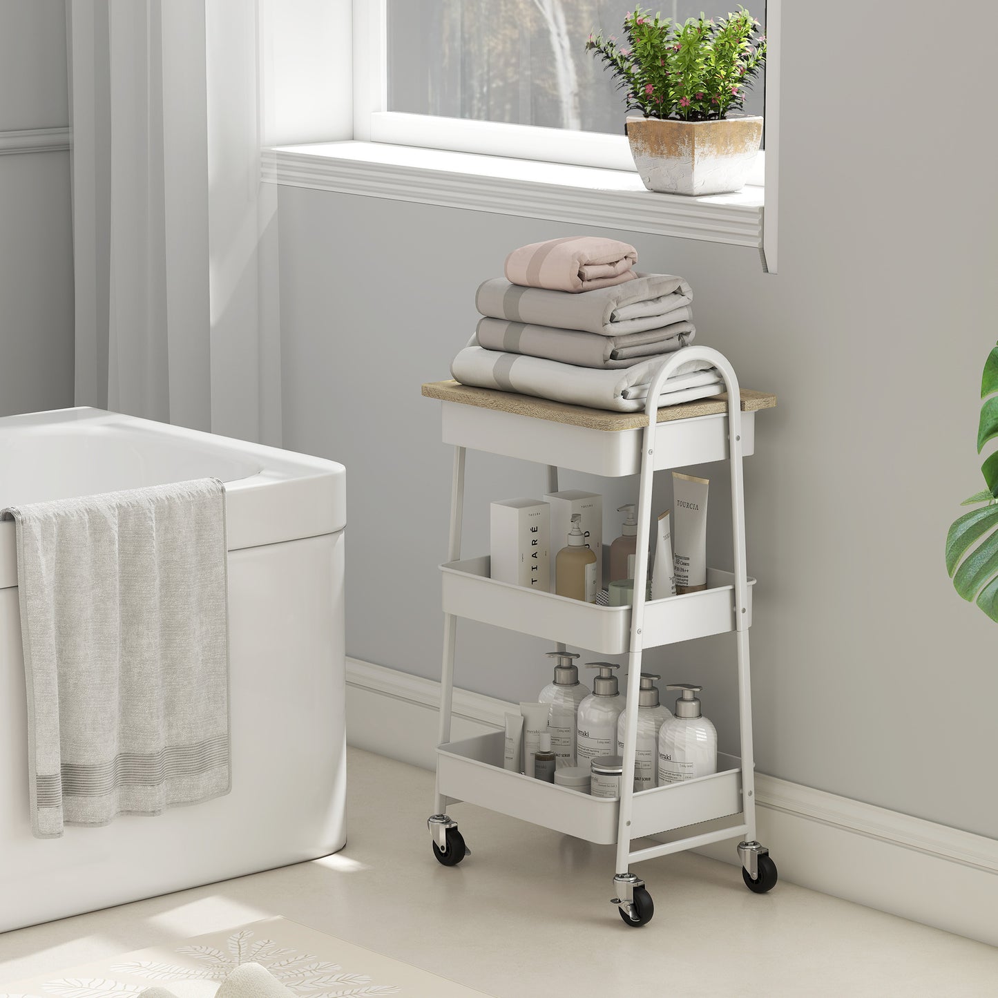 Rolling Utility Cart with Mesh Baskets for Kitchen White Oak