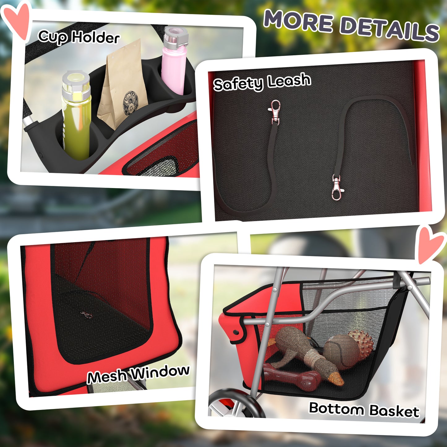 Dog Pram, Foldable Pet Stroller for Small Miniature Dogs Cats, Pet Buggy Pushchair with 360° Swivel EVA Wheels, Brake, Reflective Strips, Mesh Windows, Washable Cushion, Red