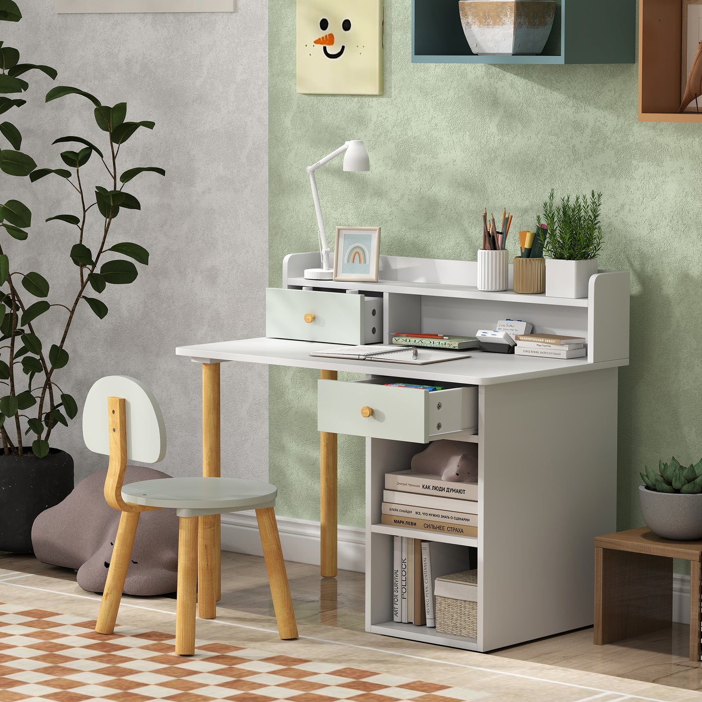 Kids Desk and Chair Set, Children Study Table with Hutch, Storage, Drawer, Shelves, for Studying, Reading, Drawing, for Ages 3-8 Years, Green