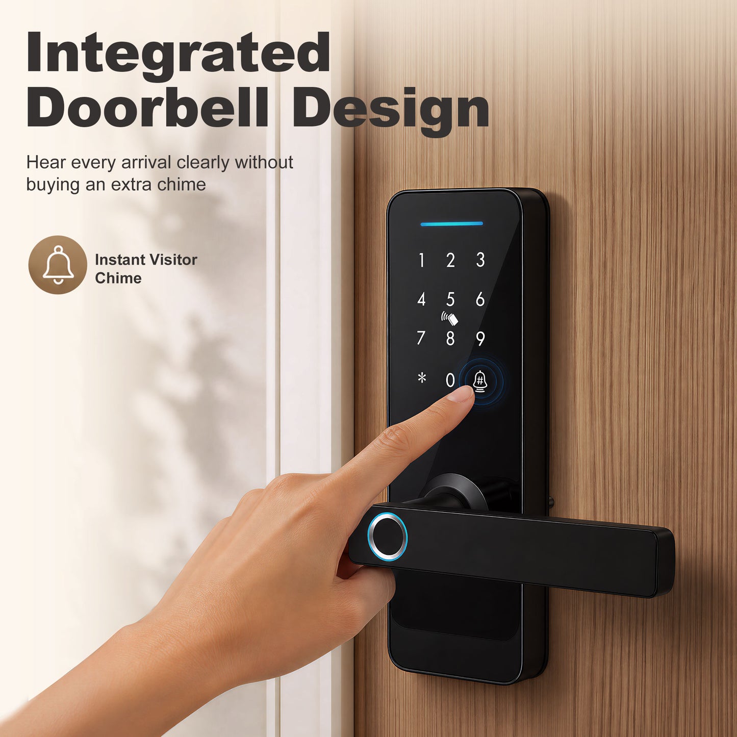 Smart Door Lock, Fingerprint/Passcode/APP/NFC/Key, Doorbell