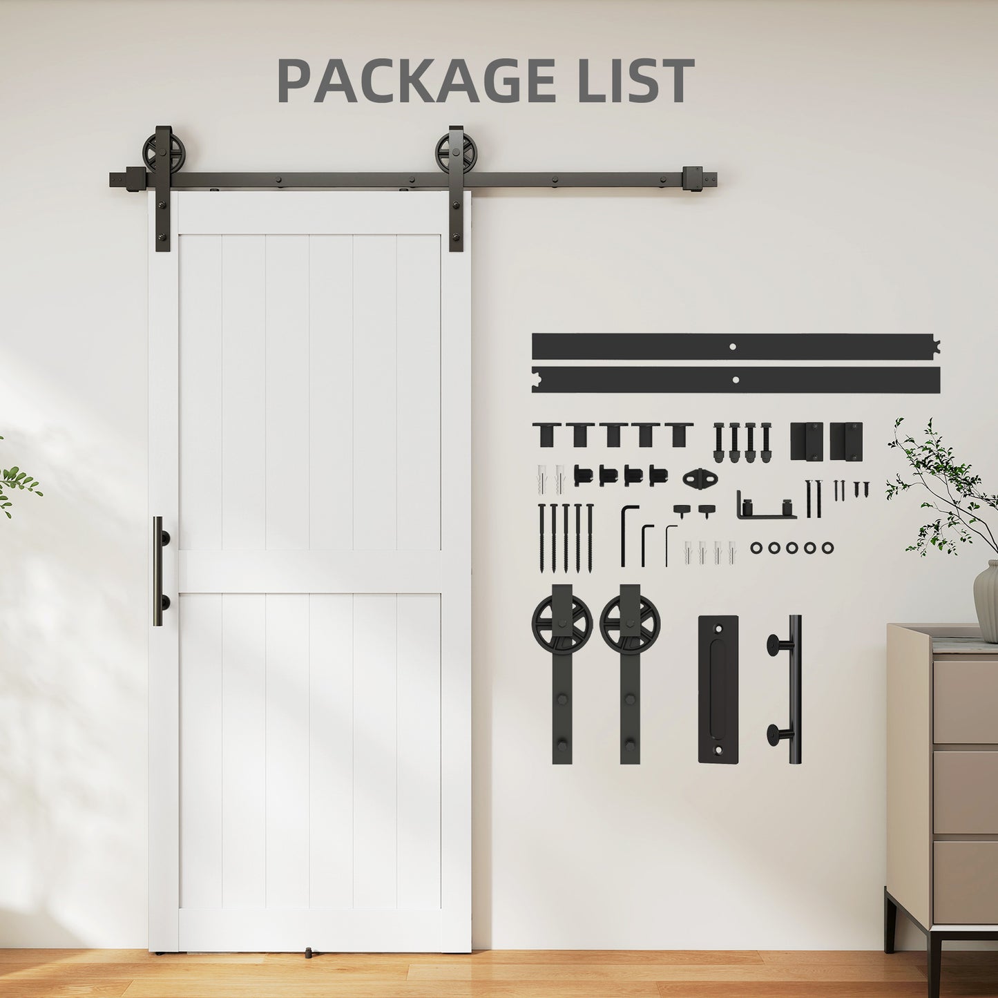 183cm Sliding Barn Door Kit, Sliding Door with Track, Hardware, Upgraded Rollers and Floor Guide, Industrial Handle, Water-Proof PVC Surface, White