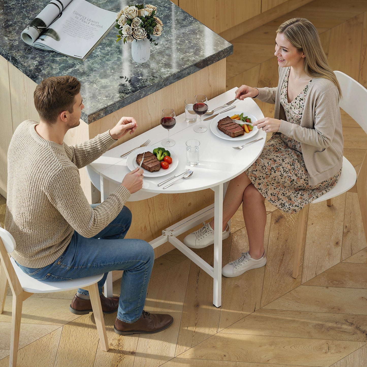 Folding Dining Table, Collapsible Drop Leaf Table for Small Spaces, Extendable Kitchen Table with Steel Frame, White