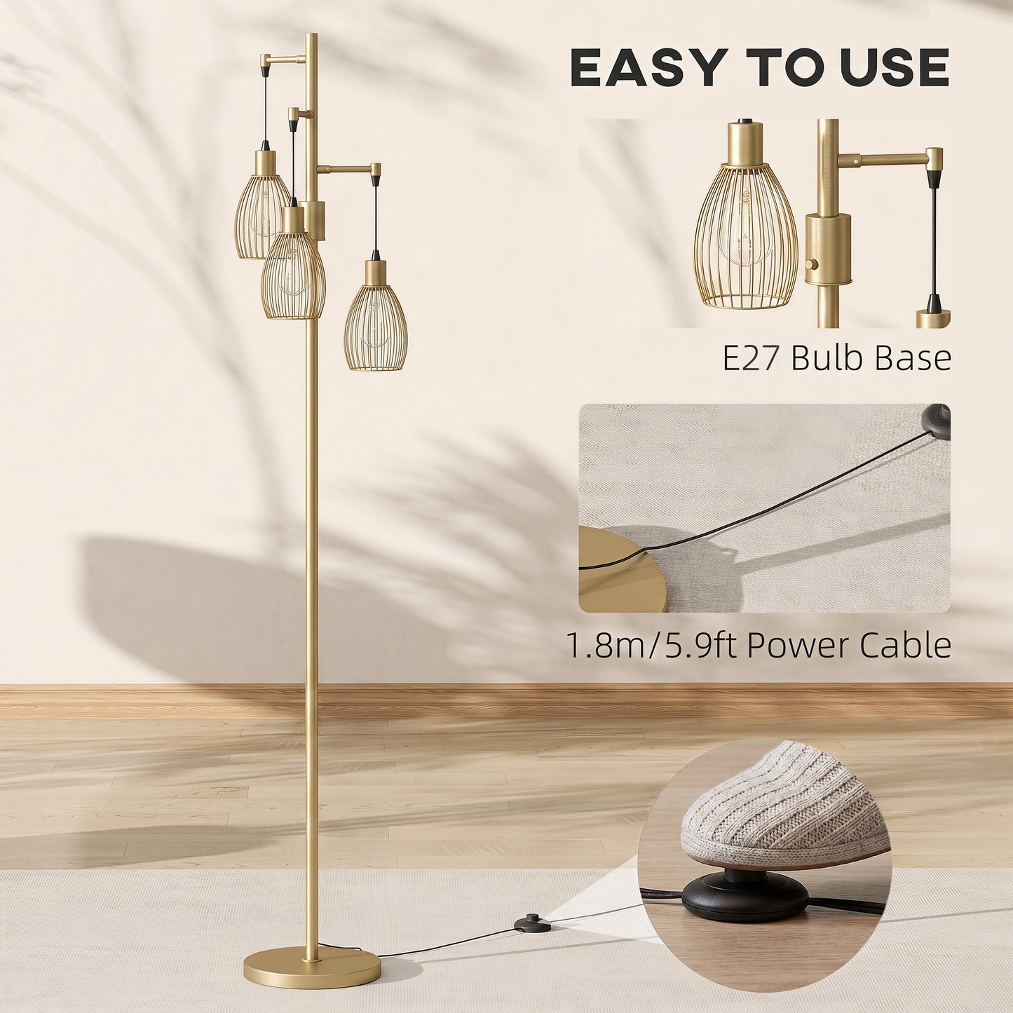 Industrial 3-Light Floor Lamp Dimmable LED Standing Lamp, Gold Tone