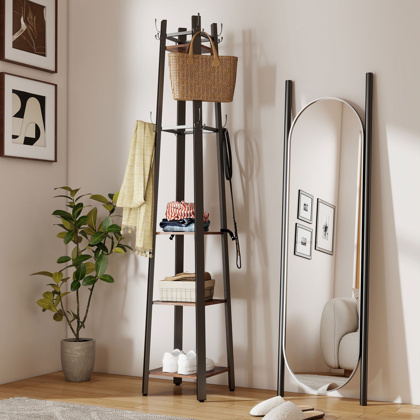 Industrial Coat Stand with 4 Storage Shelves and 8 Hooks Rustic Brown