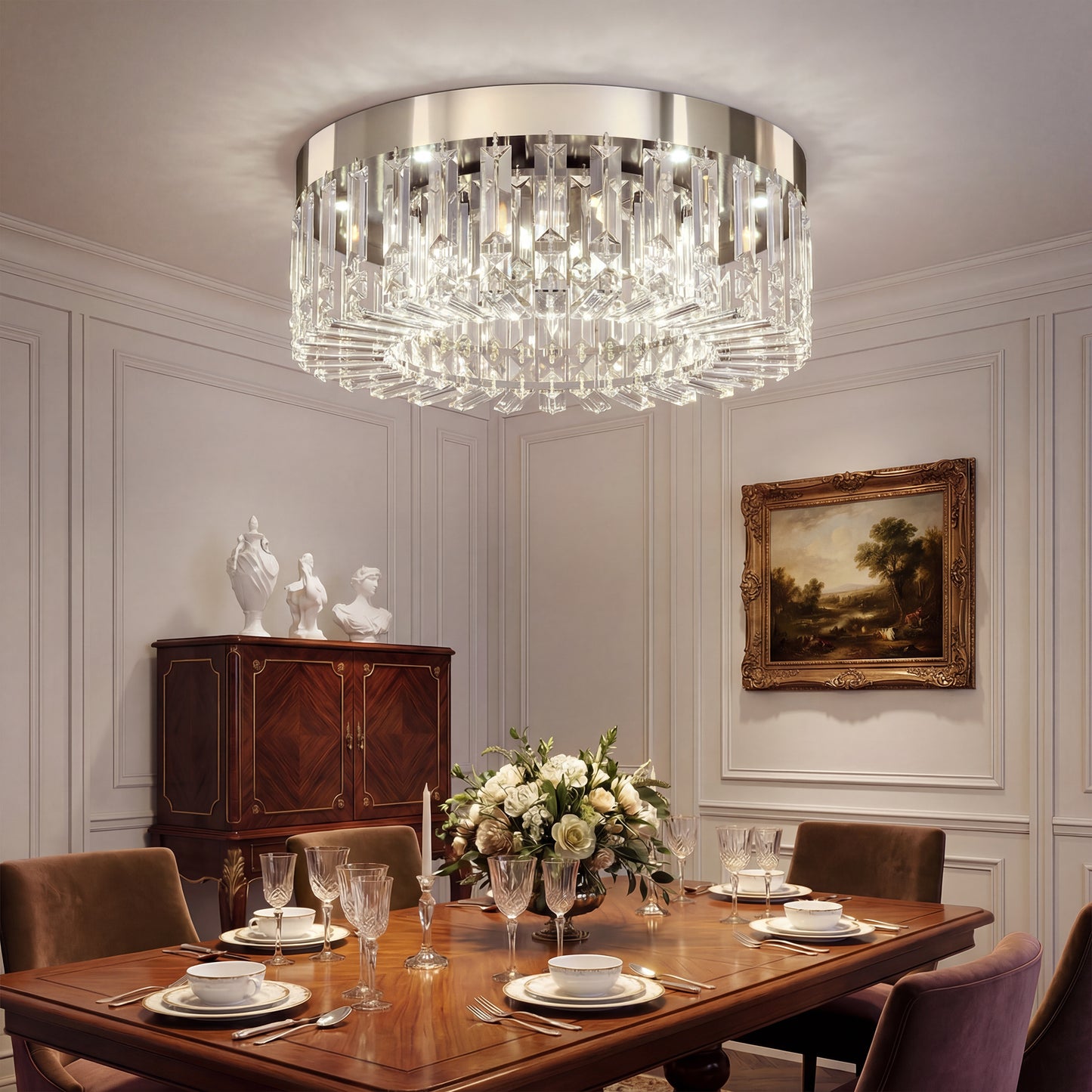 Crystal Ceiling Light with 160 Crystal Pendants, Silver Tone