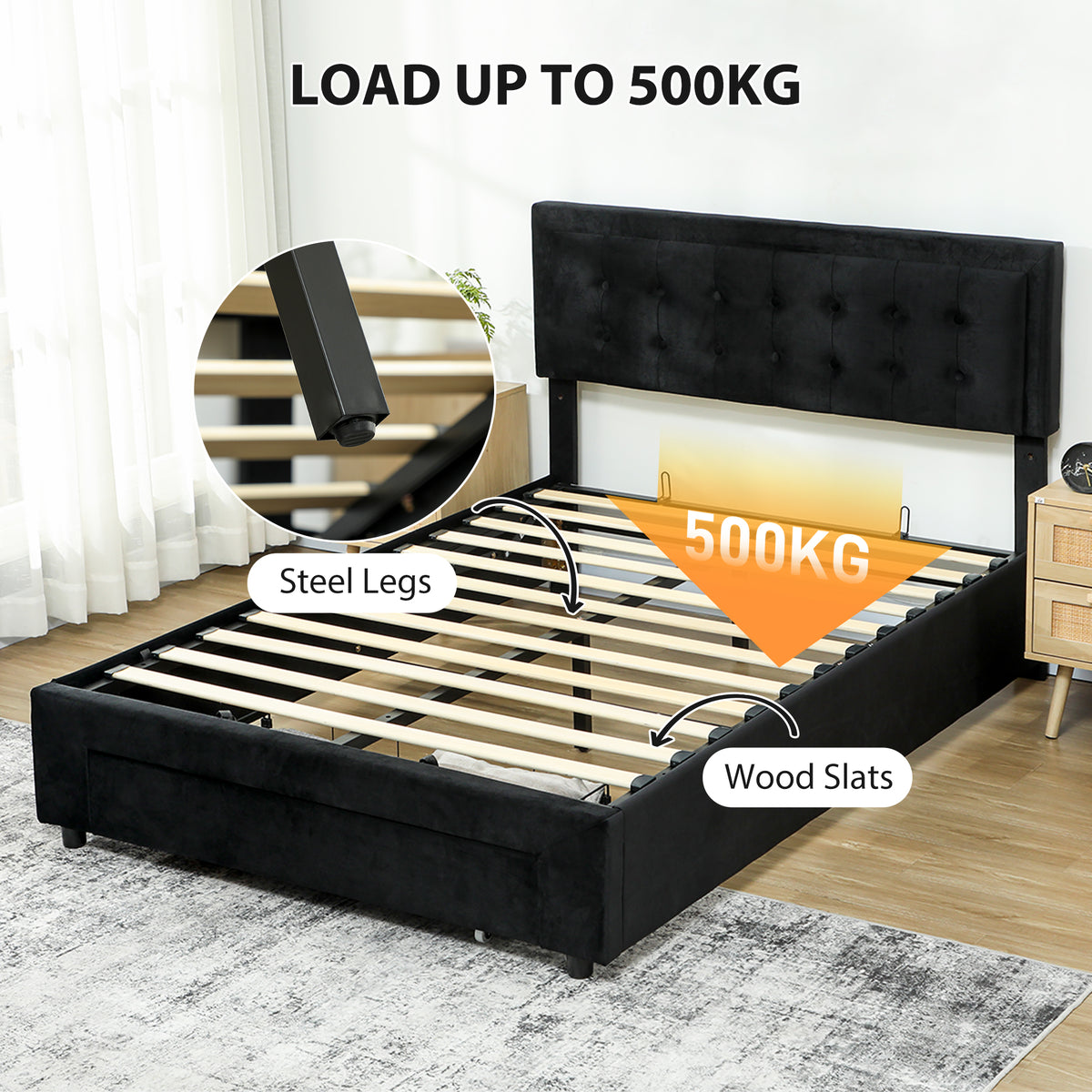King Size Ottoman Bed Frame with Gas-Lift Storage, Drawer and Adjustable Headboard - Black