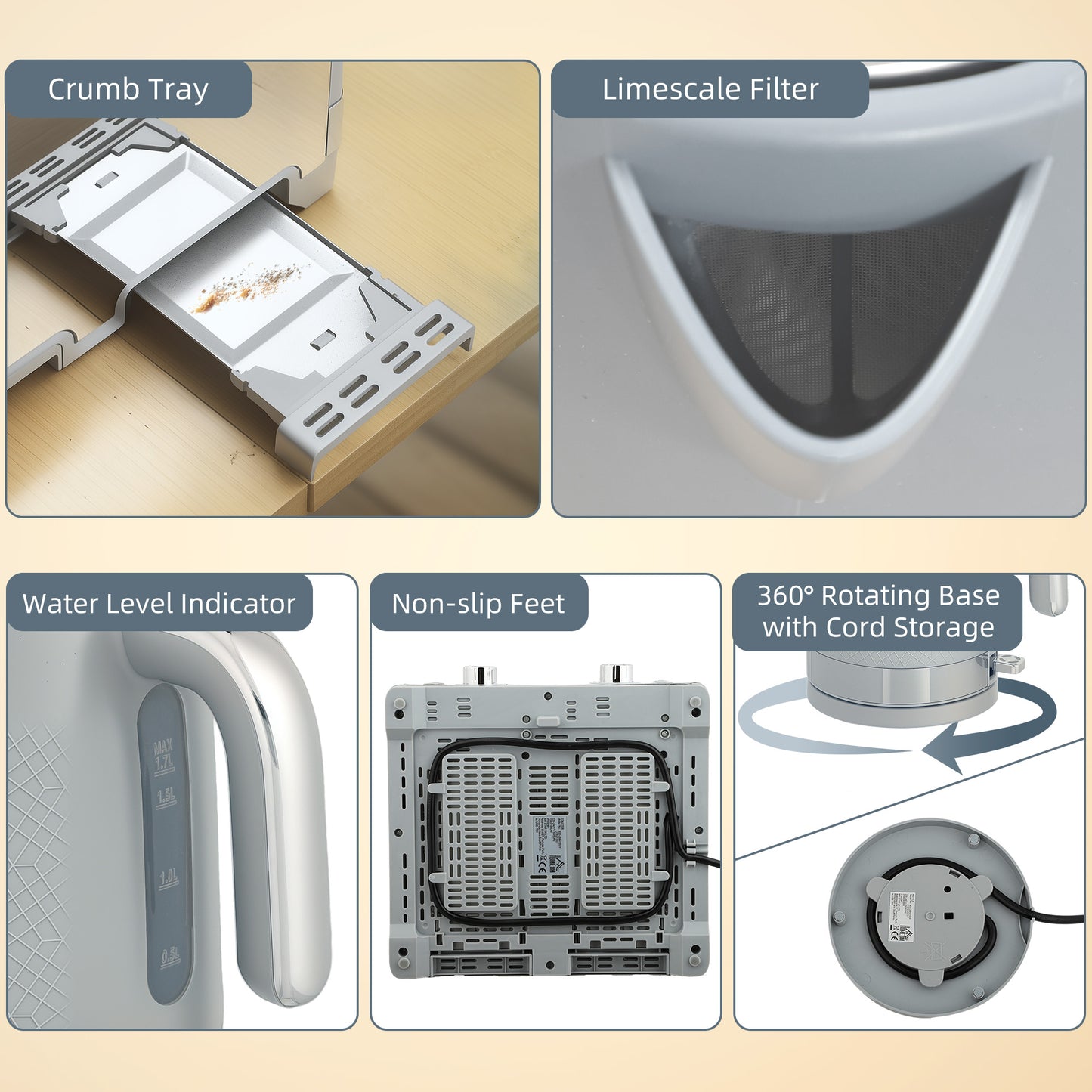 Kettle and Toaster Set with 3000W Rapid Boil, 4 Slice Toaster, Grey