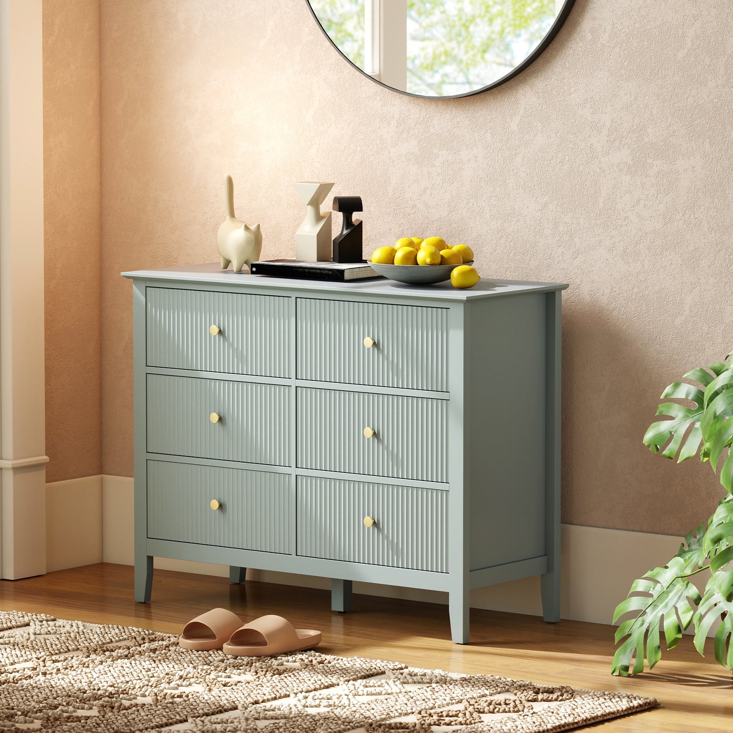 Fluted Chest of Drawers 6 Drawer Dresser for Bedroom Hallway Green