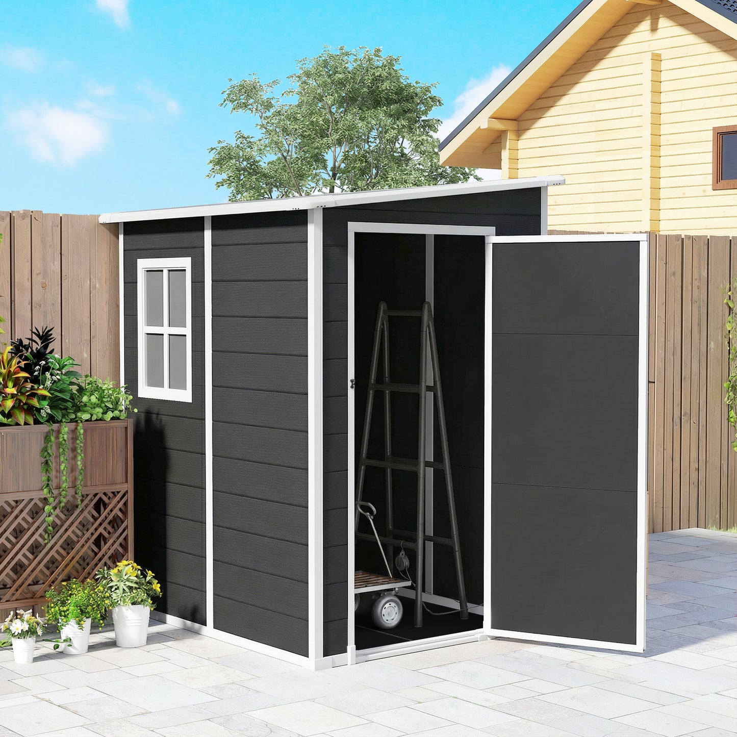 Lean to Garden Shed, Plastic Tool Storage House w/ Lockable Door