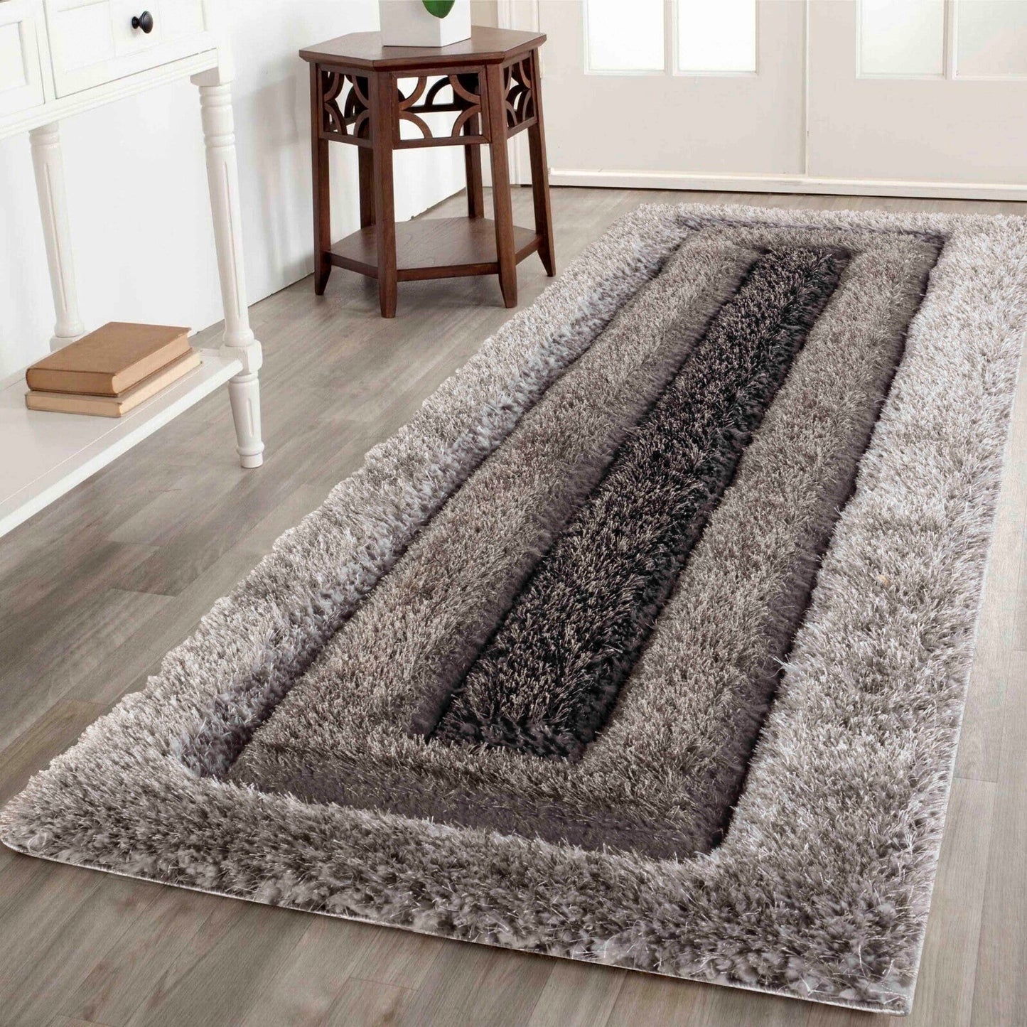 California Modern Soft Bordered Shimmer Shaggy Area Rugs - 2 Colours Available