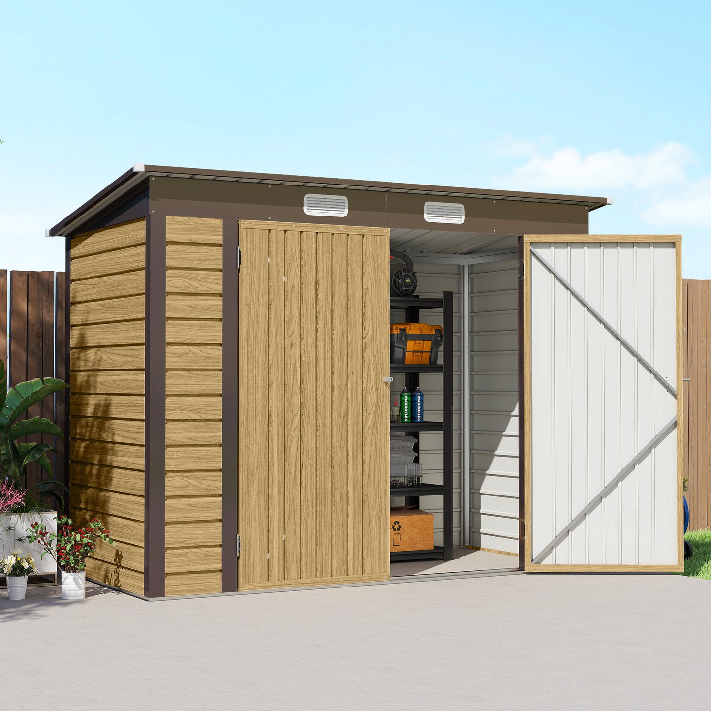 8 x 4FT Metal Garden Storage Shed with Double Doors, Oak