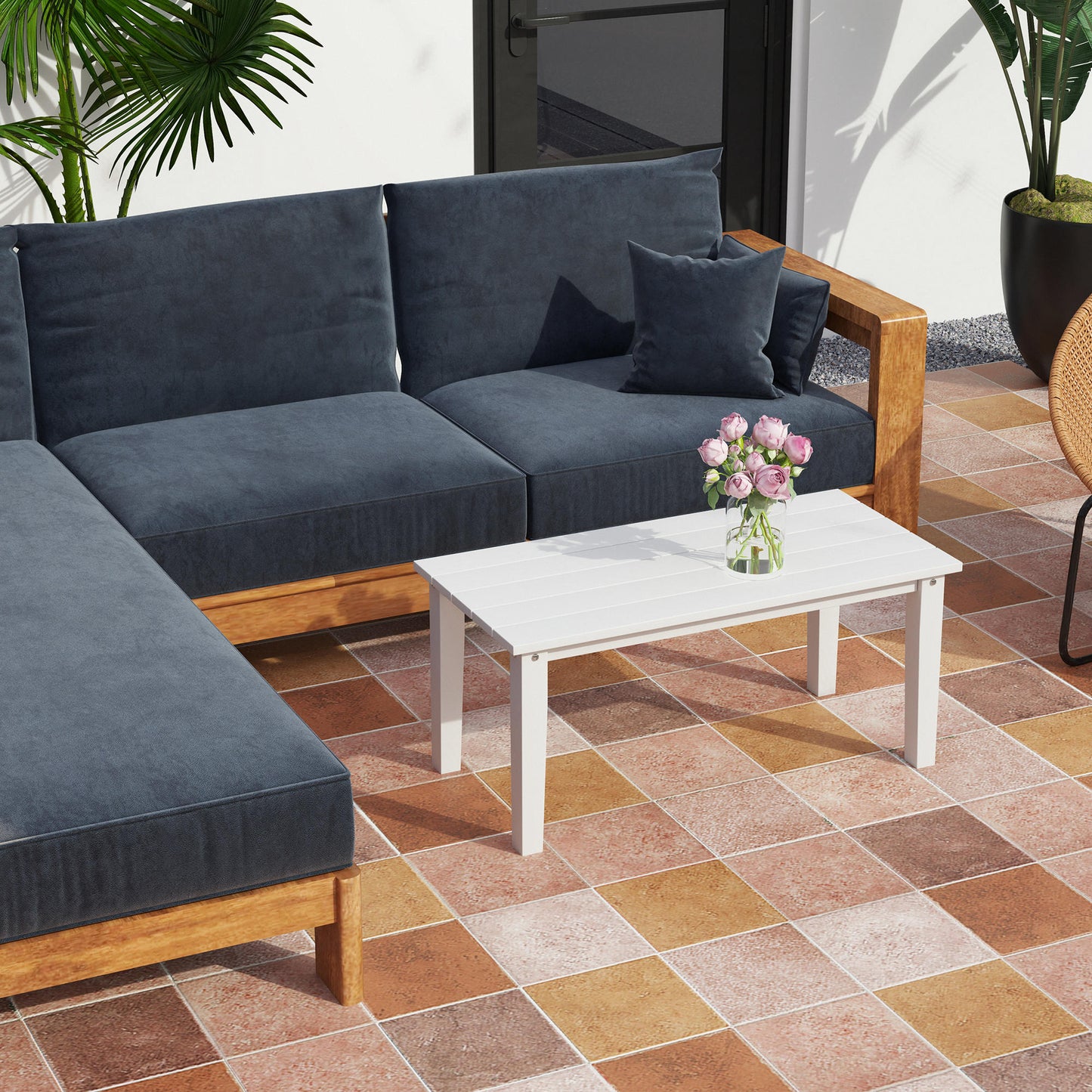 HDPE Rectangle Garden Coffee Table, Slatted Outdoor Table, White