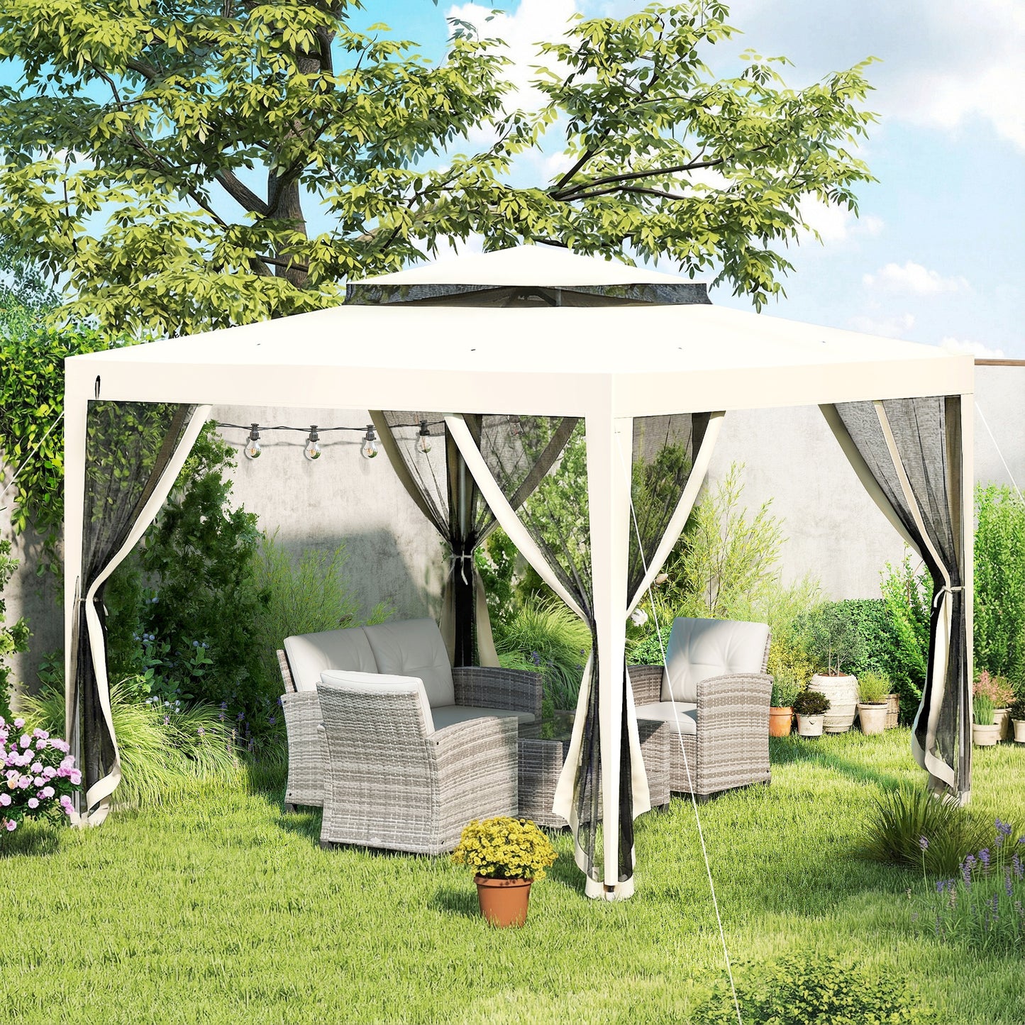 3 x 3 m Gazebo, Netting Party Tent w/ Double Tier Roof, Cream White