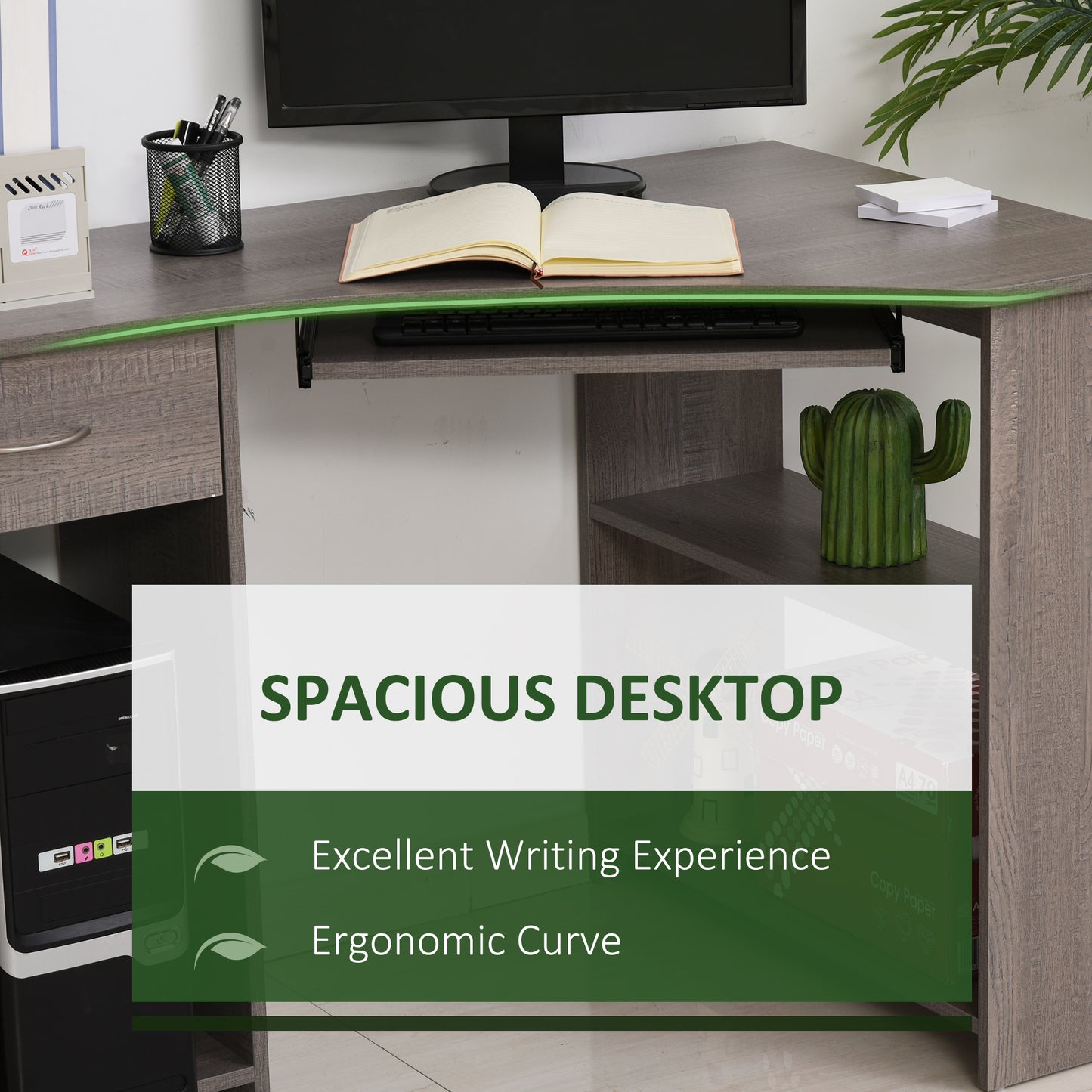 L-Shaped Corner Computer Desk w/ 2 Shelves Worktop Keyboard Tray Grey